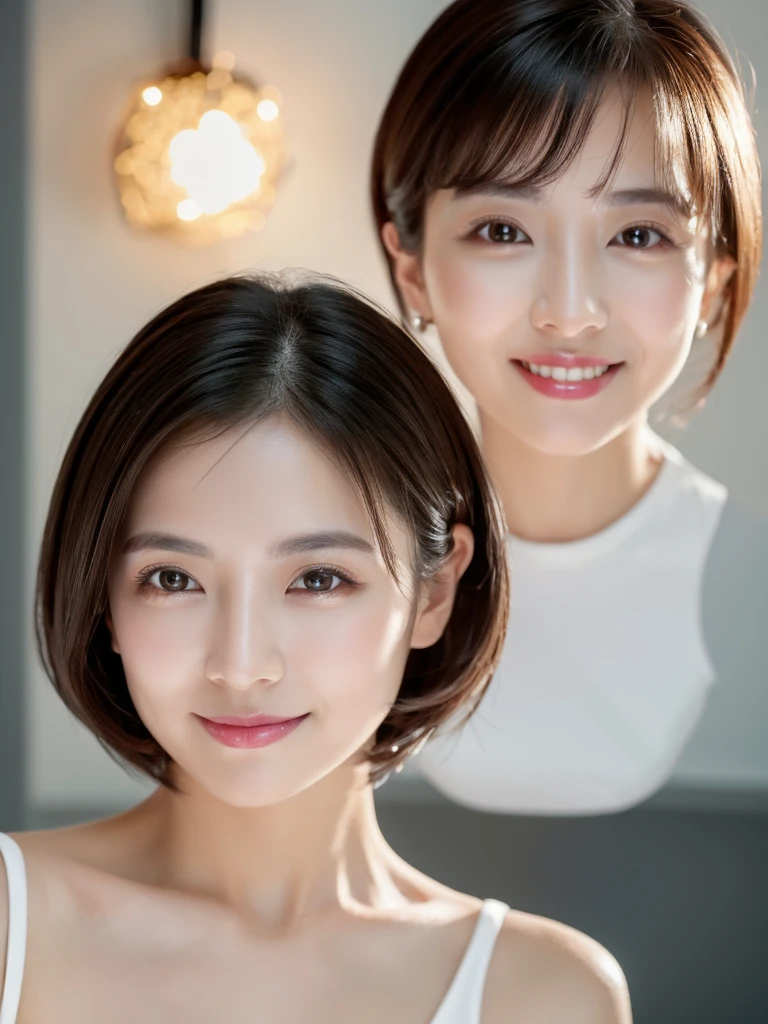 highest quality、8k Masterpiece、superA high resolution、(Photorealistic:1.3)、RAW Photos、1 girl、Black Hair、Glowing Skin、36age、Portrait、Global Illumination、Shadow、Octane Rendering、8k、Super sharp、Beautiful breastetal、Cold colors、Very intricate details、Soft Light、CGSoation Trend、Beautiful Eyes、Shining Eyes、To the camera、Neon Details、Clear skin、short hair、smile、Featured on cosmetics website、Elegance、Photo Studio、short hair、white lingerie