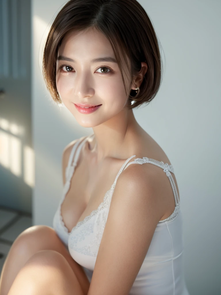 highest quality、8k Masterpiece、superA high resolution、(Photorealistic:1.3)、RAW Photos、1 girl、Black Hair、Glowing Skin、３６age、Portrait、Global Illumination、Shadow、Octane Rendering、8k、Super sharp、Beautiful breastetal、Cold colors、Very intricate details、Soft Light、CGSoation Trend、Beautiful Eyes、Shining Eyes、To the camera、Neon Details、Clear skin、short hair、smile、Featured on cosmetics website、Elegance、Photo Studio、short hair、white lingerie