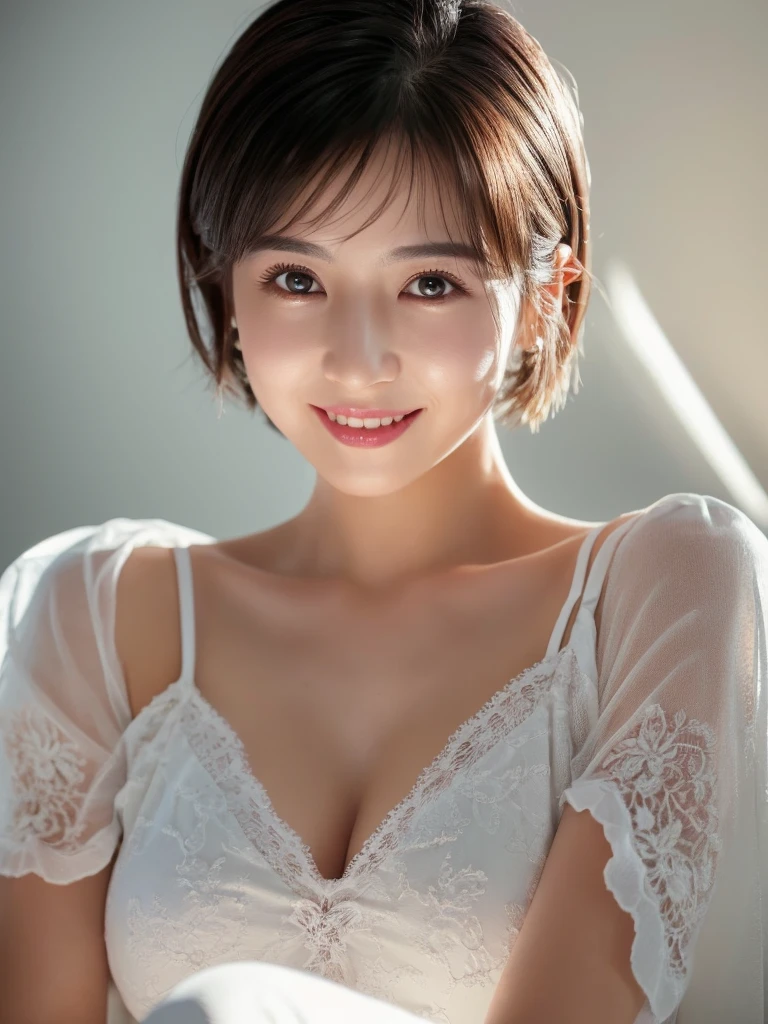 highest quality、8k Masterpiece、superA high resolution、(Photorealistic:1.3)、RAW Photos、1 girl、Black Hair、Glowing Skin、３６age、Portrait、Global Illumination、Shadow、Octane Rendering、8k、Super sharp、Beautiful breastetal、Cold colors、Very intricate details、Soft Light、CGSoation Trend、Beautiful Eyes、Shining Eyes、To the camera、Neon Details、Clear skin、short hair、smile、Featured on cosmetics website、Elegance、Photo Studio、short hair、white lingerie