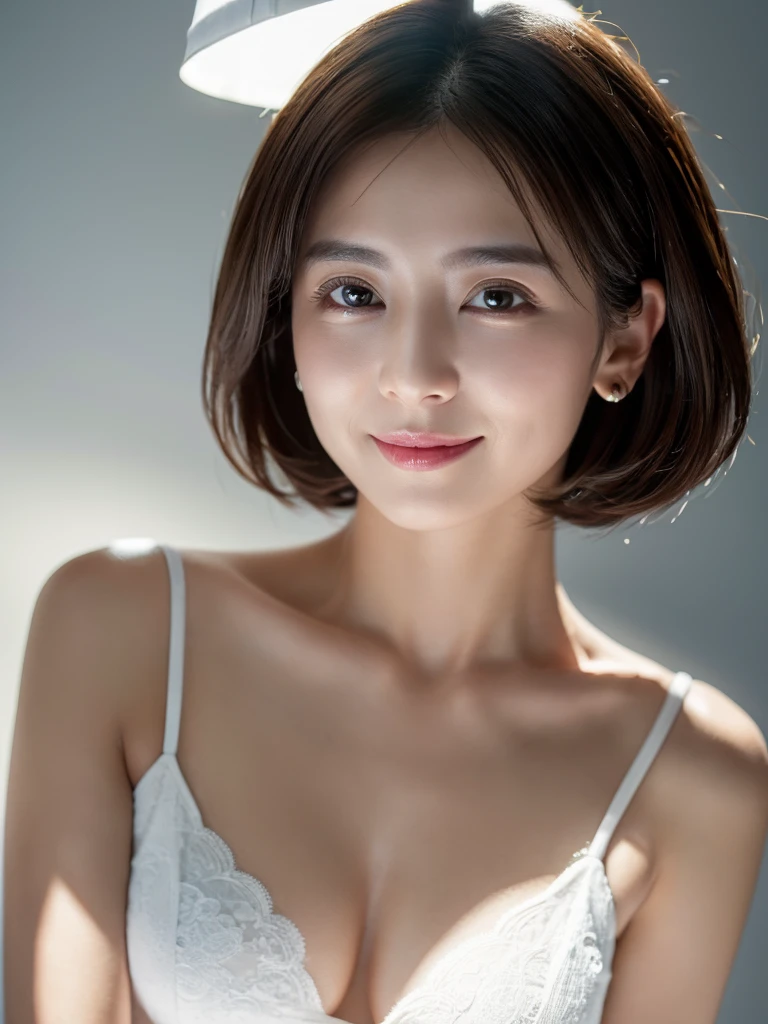 highest quality、8k Masterpiece、superA high resolution、(Photorealistic:1.3)、RAW Photos、1 girl、Black Hair、Glowing Skin、36age、Portrait、Global Illumination、Shadow、Octane Rendering、8k、Super sharp、Beautiful breastetal、Cold colors、Very intricate details、Soft Light、CGSoation Trend、Beautiful Eyes、Shining Eyes、To the camera、Neon Details、Clear skin、short hair、smile、Featured on cosmetics website、Elegance、Photo Studio、short hair、white lingerie