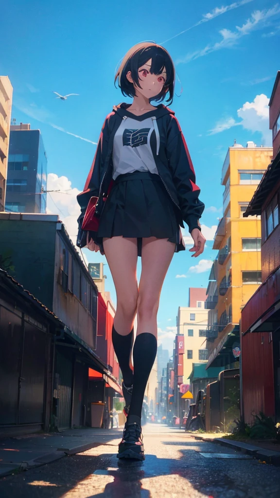 zettai ryouiki, Hoodie,short hair, Black hair, Flat chest, 1cat Red eyes,hair pin,Solo,full body, highres,blue sky,City,Looking up at the blue sky,Looking up at the sky,Sky,Back view,The person is half of the screen,There is no one,Landscape only,Walking down the street,Bright daylight