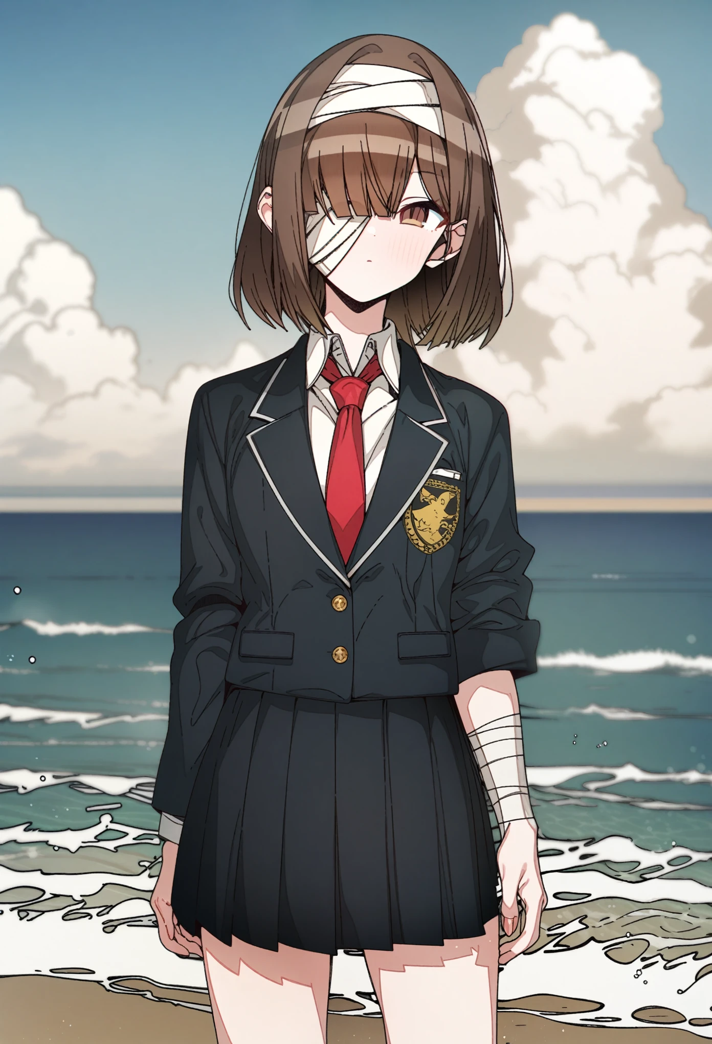 hoshino_(blue_archive) with brown hair and brown eyes, Artist, erere, Copyrights, idolmaster, idolmaster_shiny_colors, Character, General, 1girl, brown_hair, blunt_bangs, blush, medium_breasts, breasts, detailed eyelashes, beautiful girl:1, brown_eyes, censored, clouds, detailed background, school_uniform, black_sleeves, pleated skirt:1.2, blazer, hair_clip, bob, red tie, medium shot photography:1.1, standing in middle:1.1, sea, sky:1.5, round_eyes, detailed, outdoors, looking_at_viewer, masterpiece, best_quality, great_quality, girl, solo, center_composition, centered character, cute, (bandages_over_one_eye, bandaged_head), standing on the beach in the air