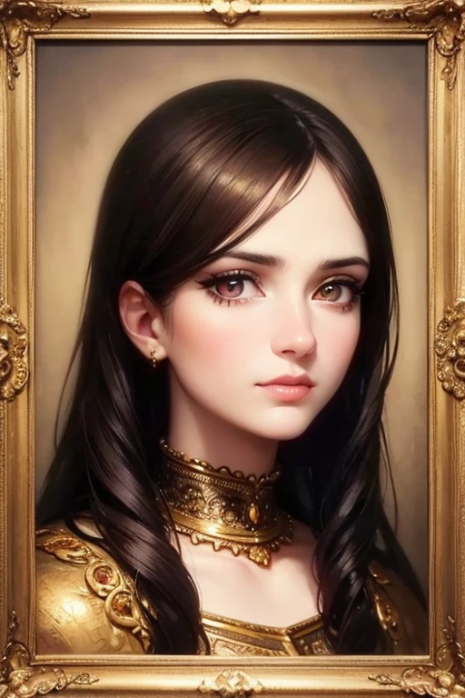 realistic oil painting, portrait, woman, beautiful detailed eyes, beautiful detailed lips, extremely detailed face and skin, long eyelashes, dark hair, ornate gold frame, oil painting texture, chiaroscuro lighting, dramatic lighting, warm color palette, rich colors, photorealistic, masterpiece, award winning, high quality, 8k, intricate details, traditional art, classical renaissance style