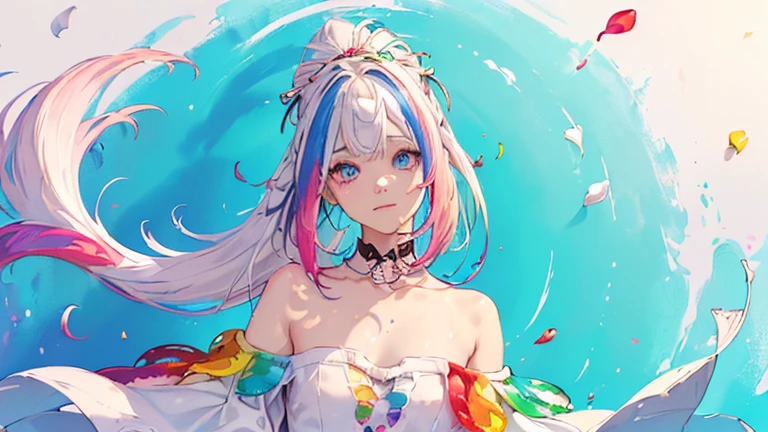 (Pink Fashion T-shirt:1.9),(Colorful hair: 1.8), (all the colours of the rainbow: 1.8),(((((vertical painting:1.6))), (painting:1.6),front, comics, illustrations, paintings, large eyes, crystal clear eyes,( rainbow color gradient high ponytail:1.7), exquisite makeup, closed mouth,(Small Fresh: 1.5),(Wipe Chest: 1.6) ,long eyelashes, white off shoulder T-shirt, White Shoulder Shirt,looking at the audience, large watery eyes, (rainbow colored hair:1.6), color splash, (solo:1.8), color splash, color explosion, thick paint style, messy lines, ((shining)),(colorful), (colorful), (colorful), colorful, Thick Paint Style, (Splash) (Color Splash), Vertical Painting, Upper Body, Paint Splash, Acrylic Pigment, Gradient, Paint, Highest Image Quality, Highest Quality, Masterpiece, Solo, Depth of Field, Face Paint, colorful clothes, (Elegant: 1.2), gorgeous,long hair, wind, (Elegant: 1.3), (Petals: 1.4),(((masterpiece))),(((best quality))),((ultra-detailed)),(illustration),(dynamic angle),((floating)),(paint),((disheveled hair)),(solo),(1girl) , (((detailed anima face))),((beautiful detailed face)),collar,bare shoulders,white hair, ((colorful hair)),((streaked hair)),beautiful detailed eyes,(Gradient color eyes),(((colorful eyes))),(((colorful background))),(((high saturation))),(((surrounded by colorful splashes))),
