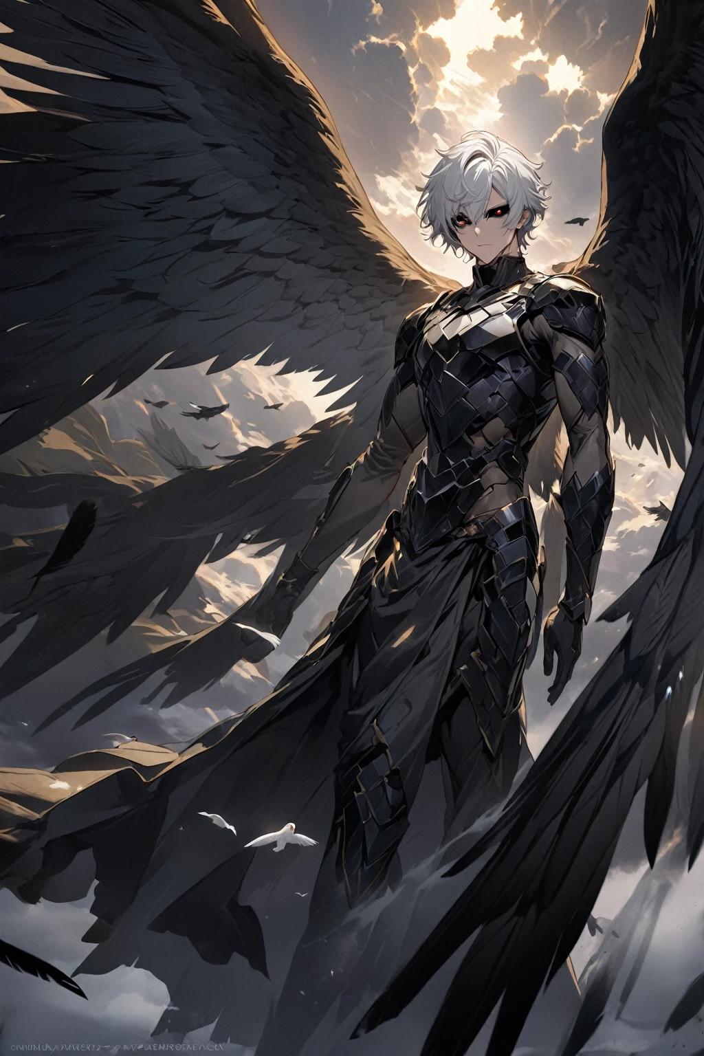 8K resolution, Very detailed, Digital painting, Concept art, highest quality, Best quality, One, beautiful, 1 male angel, ten large black wings, 10 bird wings, with a sports body, V-shaped body, ancient Greek obsidian armor, short hair, black and white hair (black and white hair), black sclera and golden eyes, aura of holiness around it, against the background of clouds and heaven