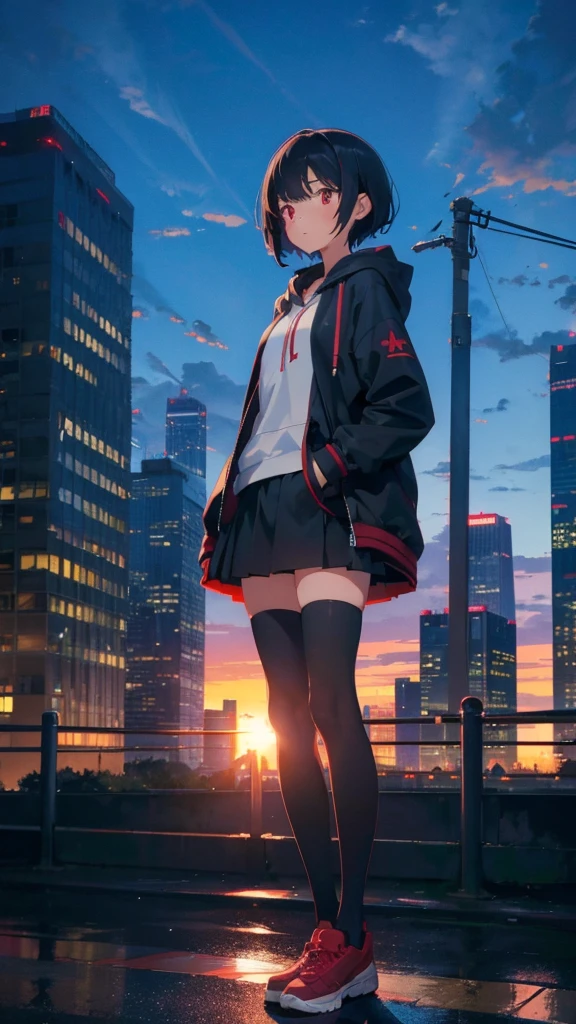 zettai ryouiki, Hoodie,short hair, Black hair, Flat chest, 1girl, Red eyes,teens girl,hair pin,Solo, Morning,full body, highres,blue sky,City,Looking up at the shining sunset,Looking up at the sky,Sad expression