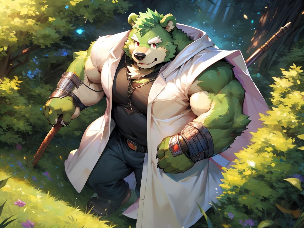 masterpiece, high quality, anime, detailed eyes, male jinpei, anthro, bear, Great physique, strong arms manly, Casual suit, (((green bear))), (((green fur))), green hair, beard, white eyebrows, bald, detailed red eyes, tall, Joyful, (black t-shirt inside), (((white unhooded trench coat ))), by zixiong, by null-ghost, by pino daeni, hold a mage staff and cast magic, in the grass field,