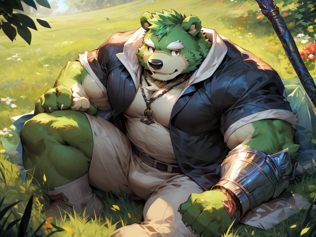 masterpiece, high quality, anime, detailed eyes, male jinpei, anthro, bear, Great physique, strong arms manly, Casual suit, (((green bear))), (((green fur))), green hair, beard, white eyebrows, bald, detailed red eyes, tall, Joyful, (black t-shirt inside), (((white unhooded trench coat ))), by zixiong, by null-ghost, by pino daeni, hold a mage staff and cast magic, in the grass field,