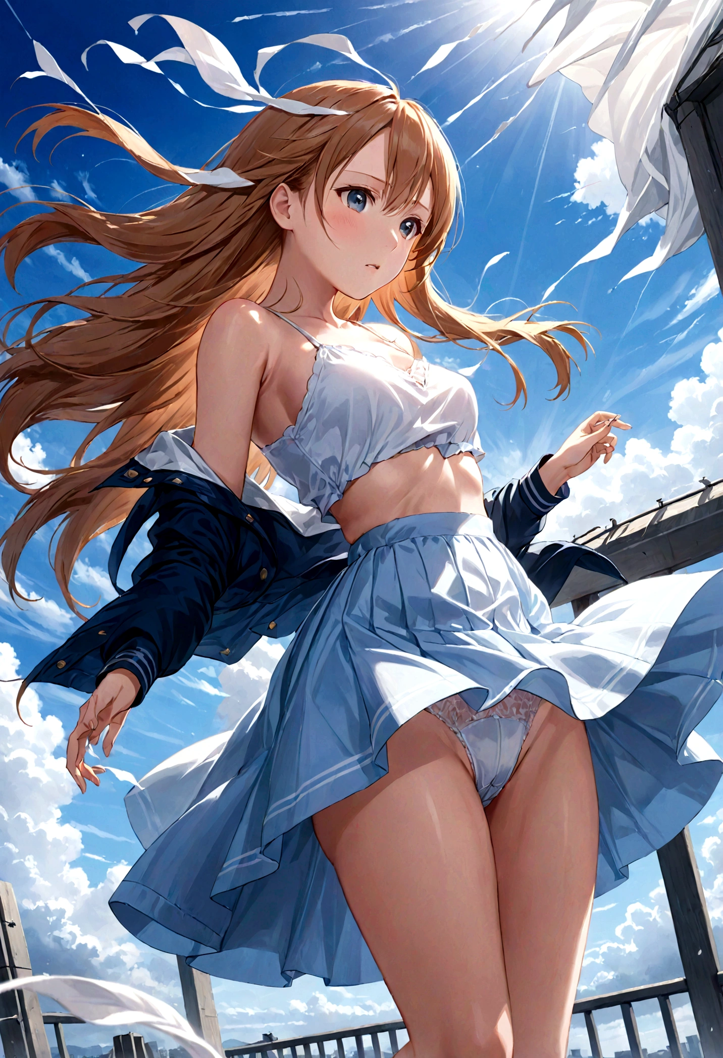 Yuuki Asuna low angle、Long skirt、Hold down your skirt that is being blown up by the strong wind、The strong wind is showing her white cotton panties