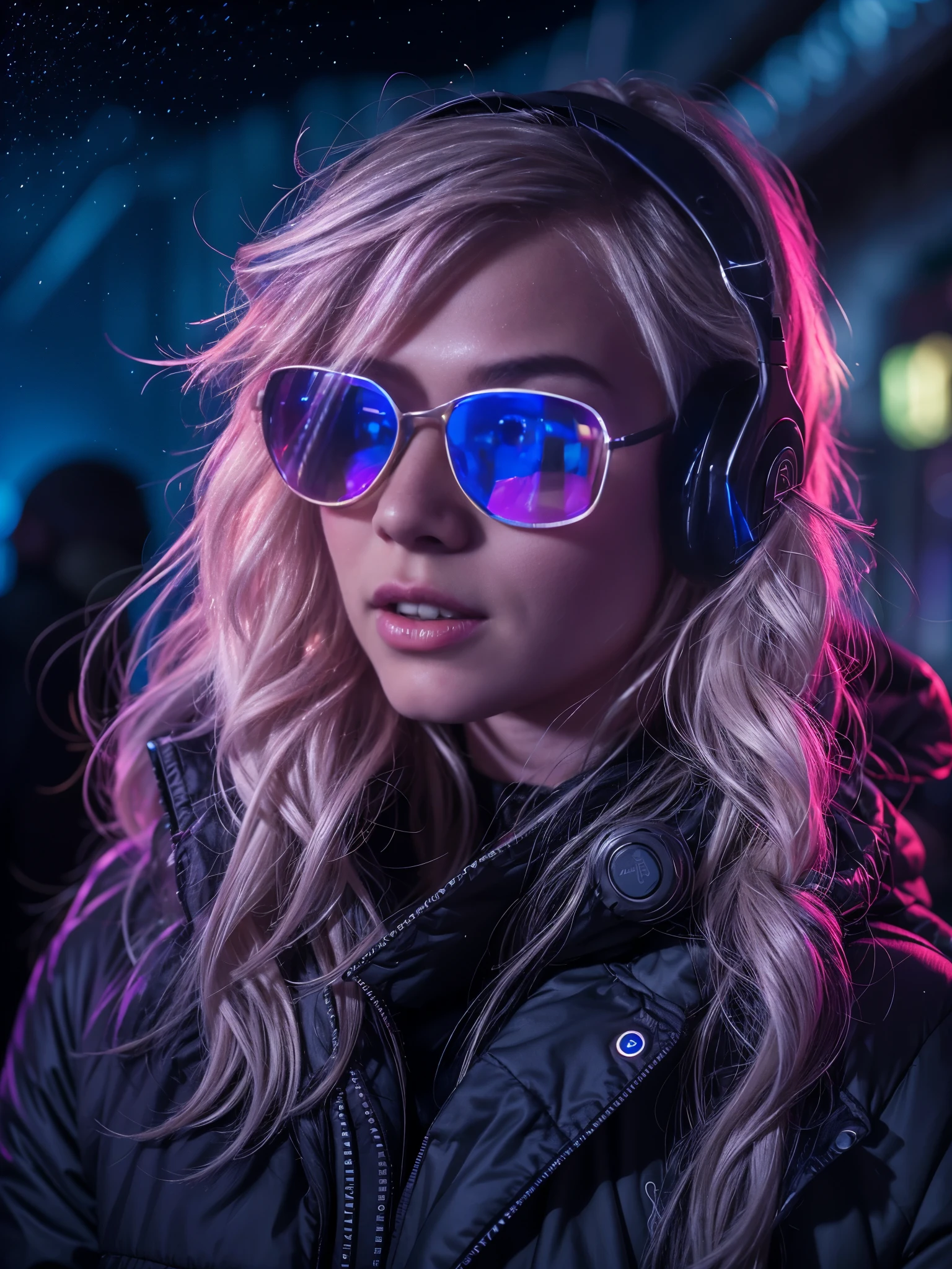 One ultra hot European gorgeous woman, age 23, blonde wavy hair. small sunglasses, full size headphones, dark New Year's outside rave party,DJ working at DJ booth, in a snowy village.neon cyberpunk at night, coordinator neon glow, ultra-detailed, photo-realistic:1.37), portraits, (vivid colors), rave lighting, energetic, enthusiastic, excited, expressive. Winter starry night. Masterpiece. Northern lights, laser light, led lights