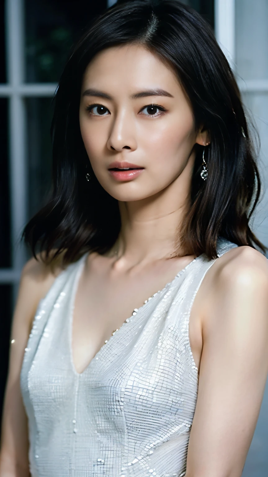 highest quality、High resolution 16k、Very detailed、Artwork、Live Shooting、Realist:1.4、Hyperrealism:1.4、Sharp focus、Delicate and beautiful, Olive skin and Asian eyes、Young Indian woman with long black hair and long bangs, Thin, sheer white lace underwear, royal palace, Stand in front, Look confident and serious, Looking at the camera, Sunburned skin, RPG World, Thick eyebrows, Sculptural body, No makeup, Medieval