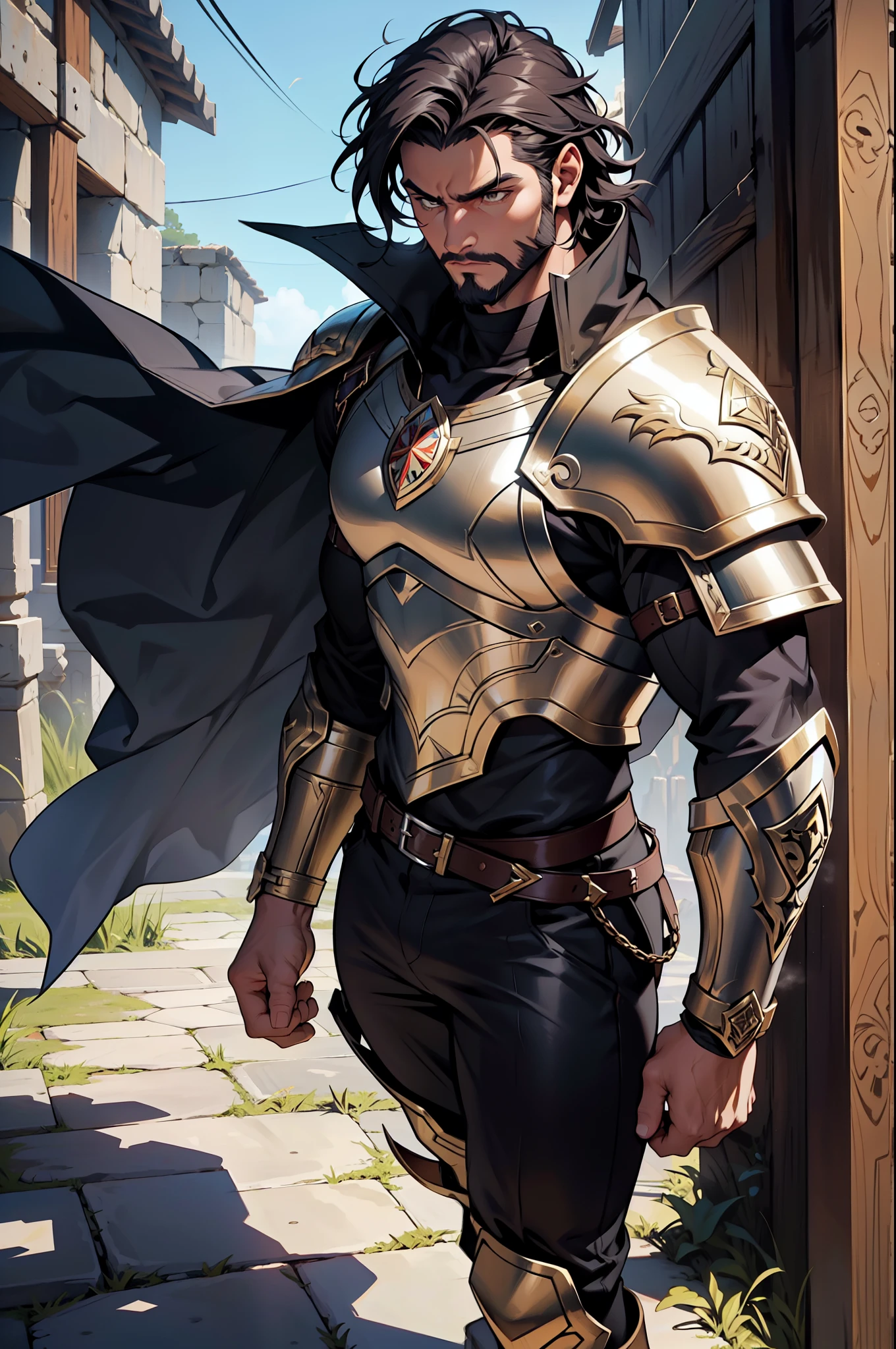    Create a high-fantasy character portrait of Miguel Fernández, a brave member of the Relic Hunters, wielding the Aegis Shield. He has a square and strong face with well-defined features and an olive skin tone. His expression is determined and confident, with dark brown eyes that reflect inner strength and courage. His short, slightly wavy black hair and well-kept beard enhance his masculine and strong features. Miguel stands about 1.80 meters tall with an athletic and muscular build, exuding an imposing and secure presence. He wears a light leather armor reinforced with metal plates, designed for protection without sacrificing mobility, a short dark cape, sturdy pants, and reinforced leather boots. His outfit is adorned with golden and silver details, reflecting his connection to the divine shield. He carries the Aegis Shield, a round shield with an intricate design including the head of Medusa at its center, emitting a sense of power and protection. Additionally, he wears a belt with various tools and small weapons, and a silver medallion with protective symbols around his neck. He is surrounded by a powerful and protective aura, sometimes manifesting as a golden glow or light mist around him, emitting a sense of security and bravery, reflecting his connection to Aegis and his mastery over protection and fear control.