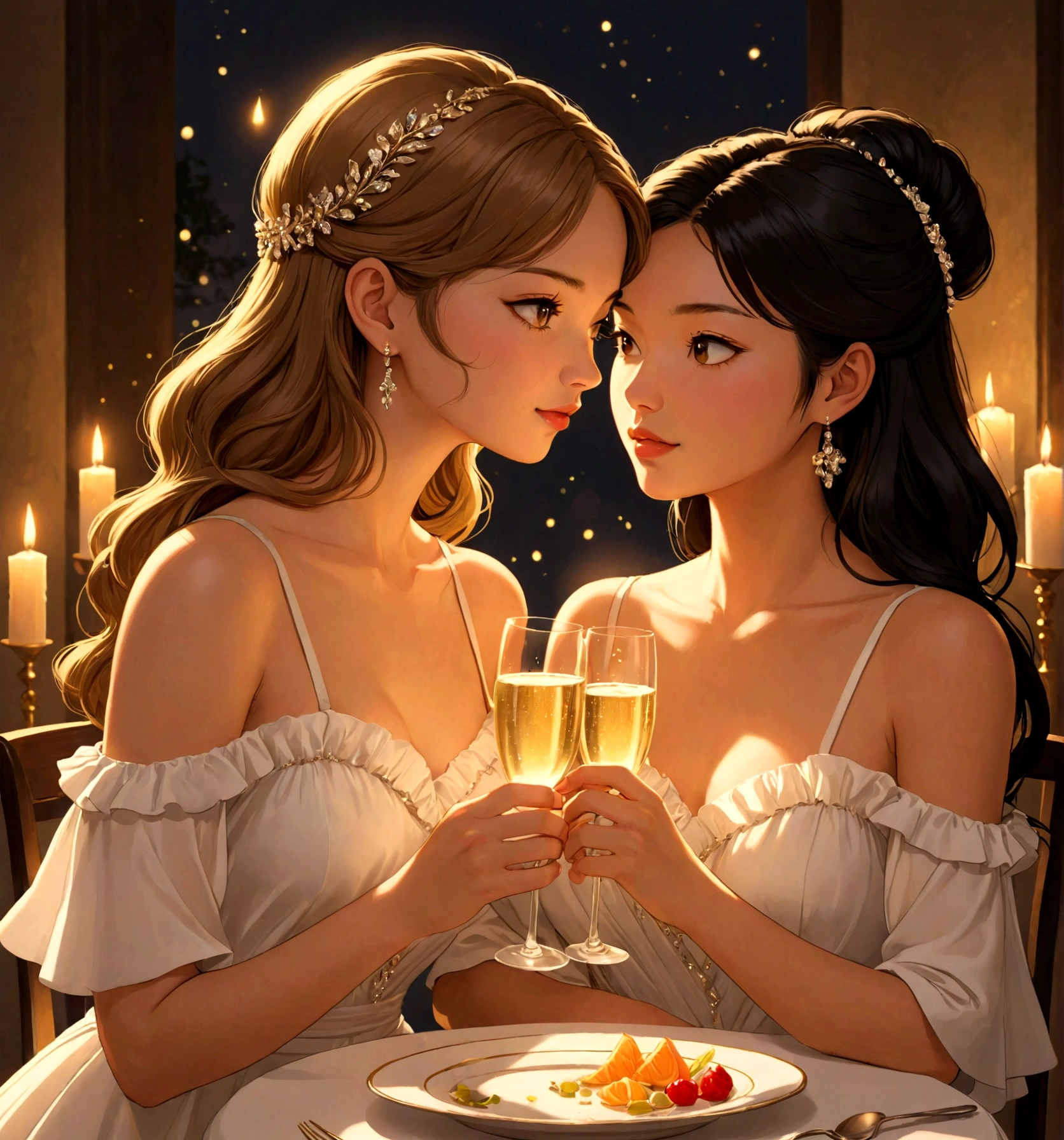 Name "FreenBecky Forever (Sarocha Chankimha-Rebeca Armstrong)" in an elegant and dynamic 3D font in metallic gold and create an idyllic and perfect image in Anime Semi-Realism style, of two women in love, sitting at a table, toasting with a drink of champagne at a candlelight dinner. One is a beautiful Asian woman with long black hair, dressed in a simple white dress with rhinestone details in the chest area with thin straps. She looks with deep love at a beautiful British woman with long light brown hair, dressed in a white dress. Off Shoulders and with a small ruffle around the shoulders. It is an intimate moment between them. The atmosphere is intimate, exuding tenderness and passion.