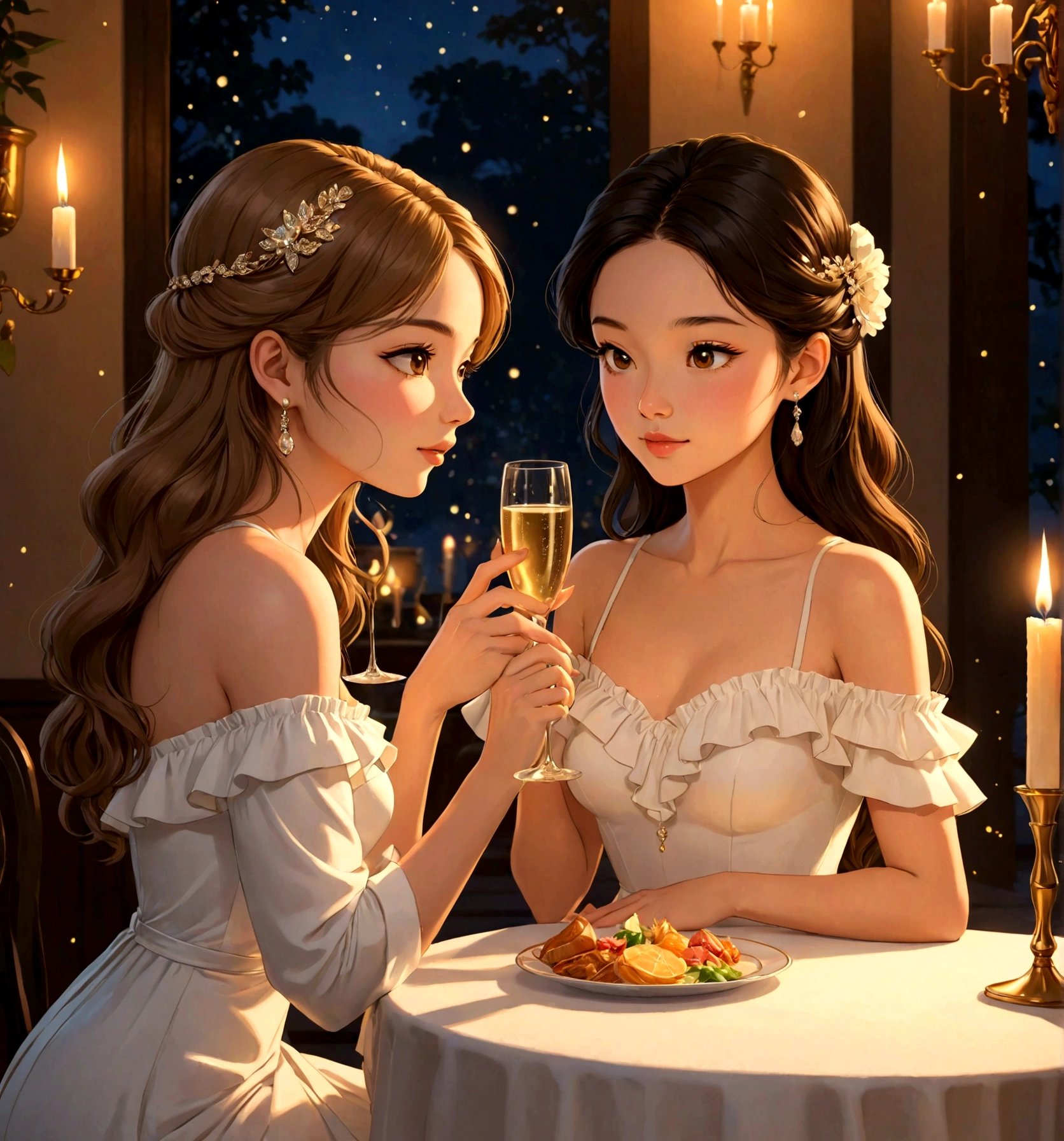 Name "FreenBecky Forever (Sarocha Chankimha-Rebeca Armstrong)" in an elegant and dynamic 3D font in metallic gold and create an idyllic and perfect image in Anime Semi-Realism style, of two women in love, sitting at a table, toasting with a drink of champagne at a candlelight dinner. One is a beautiful Asian woman with long black hair, dressed in a simple white dress with rhinestone details in the chest area with thin straps. She looks with deep love at a beautiful British woman with long light brown hair, dressed in a white dress. Off Shoulders and with a small ruffle around the shoulders. It is an intimate moment between them. The atmosphere is intimate, exuding tenderness and passion.