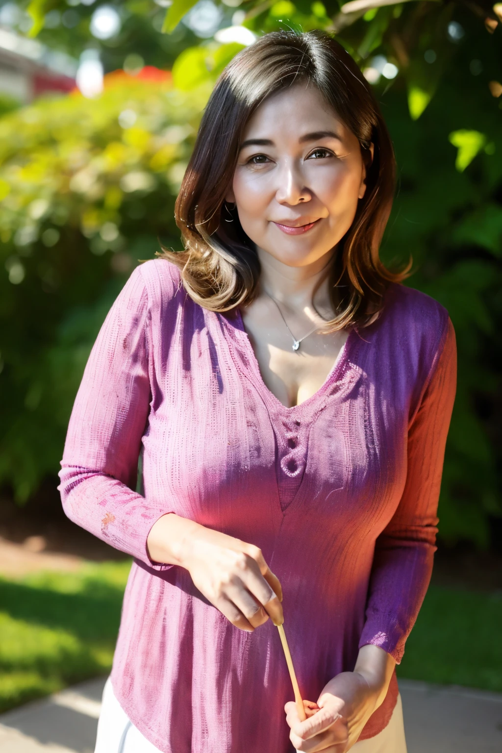 最high quality, In 8K, Masseter muscle area, Lifelike, Sharp focus, high quality, High resolution, Detailed face, Detailed eyes, Thick lips, Background Blur, solo, Middle-aged women, , 55 years old, , Wavy Hair, Cleavage, Wearing a plain short-sleeved knit, Afternoon in front of the park garden, Wrinkles around the eyes, Toothy smile