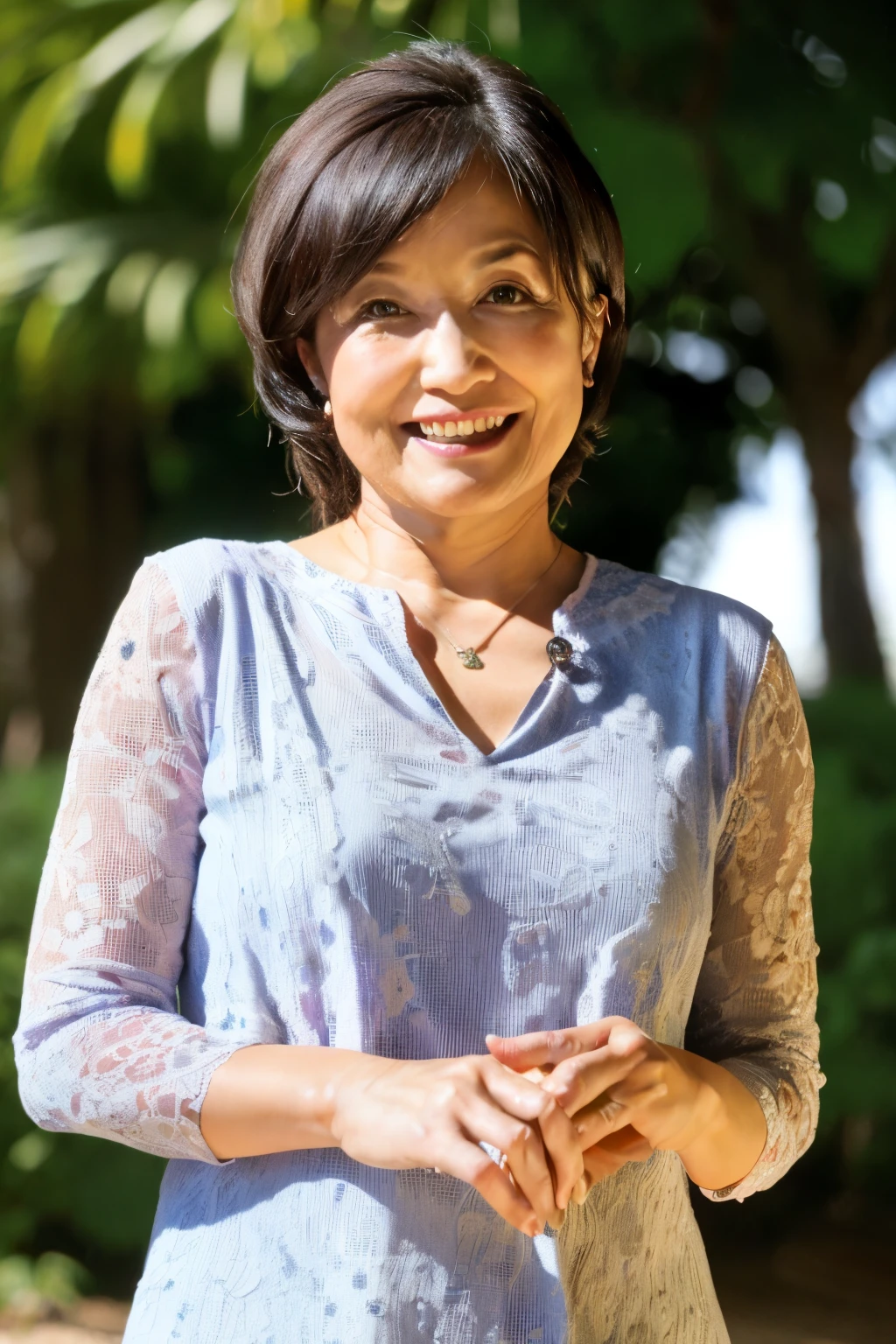 最high quality, In 8K, Masseter muscle area, Lifelike, Sharp focus, high quality, High resolution, Detailed face, Detailed eyes, Thick lips, Background Blur, solo, Middle-aged women, , 55 years old, , Wavy Hair, Cleavage, Wearing a plain short-sleeved knit, Afternoon in front of the park garden, Wrinkles around the eyes, Toothy smile