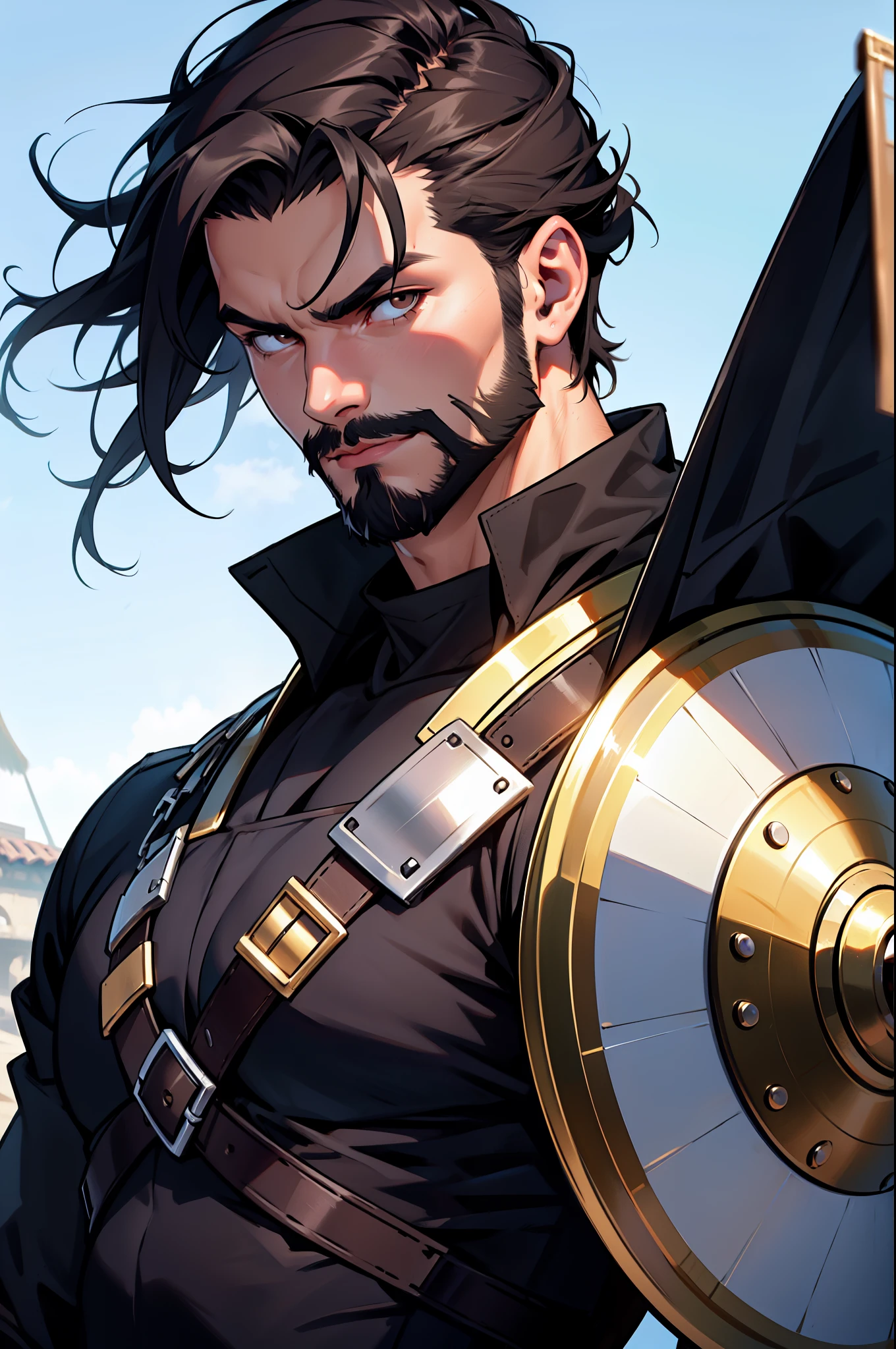 Create a detailed close-up portrait of Miguel Fernández, the Relic Hunter who wields the Aegis Shield. He has a square and strong face with well-defined features and an olive skin tone. His dark brown eyes reflect inner strength and courage, and his short, slightly wavy black hair and well-kept beard enhance his strong features. Add a subtle protective aura around him to emphasize his connection with Aegis and his brave presence.