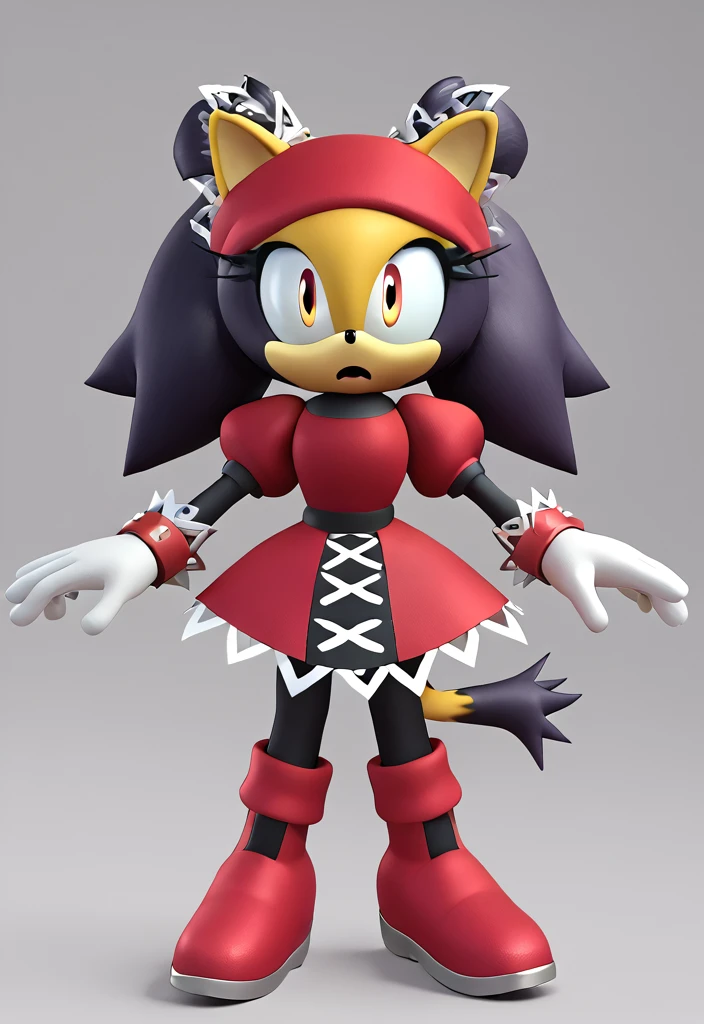 score_9, score_8_up, 3D, flat color, a plain white background with nothing in it, looking at viewer, 1girl, very detailed, extremely detailed, classic honey the cat from the sonic the hedgehog series, standing, full body, wide hips, narrow waist, curvy, red dress, frilly hair ties, shocked expression, open mout, open hands, wide eyes, black hair, twin tails hair, short red dress with a white trim, heart-shaped part in clothes, heart-shaped part in cloth, red boots whit white cuffs, red headband, white gloves white red cuffs, black stockings