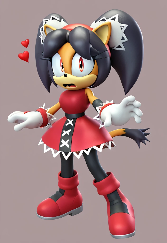 score_9, score_8_up, 3D, flat color, a plain white background with nothing in it, looking at viewer, 1girl, very detailed, extremely detailed, classic honey the cat from the sonic the hedgehog series, standing, full body, wide hips, narrow waist, curvy, red dress, frilly hair ties, shocked expression, open mout, open hands, wide eyes, black hair, twin tails hair, short red dress with a white trim, heart-shaped part in clothes, heart-shaped part in cloth, red boots whit white cuffs, red headband, white gloves white red cuffs, black stockings