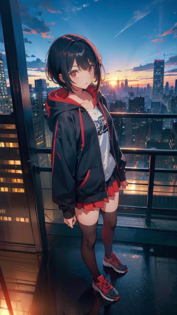 zettai ryouiki, Hoodie,short hair, Black hair, Flat chest, 1girl, Red eyes,teens girl,hair pin,Solo, Morning,full body, highres,blue sky,City,Looking up at the shining sunset