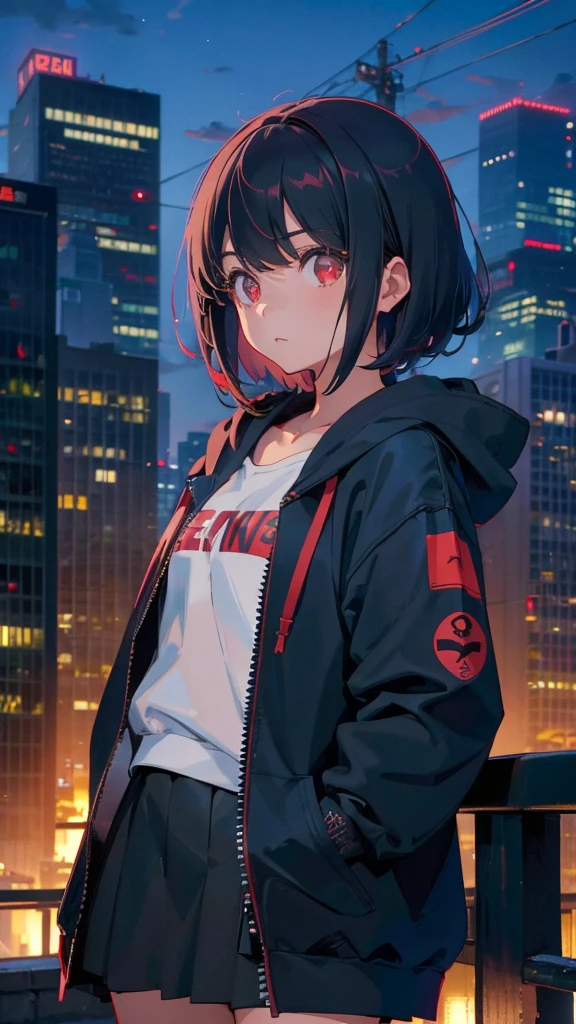 zettai ryouiki, Hoodie,short hair, Black hair, Flat chest, 1girl, Red eyes,teens girl,hair pin,Solo, Morning,full body, highres,blue sky,City,Looking up at the shining sunset