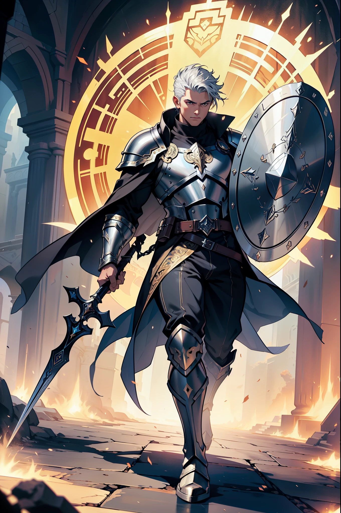 Create a full-body fantasy illustration of Miguel Fernández, the Relic Hunter wielding the Aegis Shield. He stands tall and muscular, wearing light leather armor reinforced with metal plates, a short dark cape, sturdy pants, and reinforced leather boots. His outfit is adorned with golden and silver details, reflecting his connection to the divine shield. He carries the Aegis Shield, a round shield with an intricate design including the head of Medusa at its center. Surround him with a powerful and protective aura that sometimes manifests as a golden glow or light mist, highlighting his dominion over protection and his bravery.