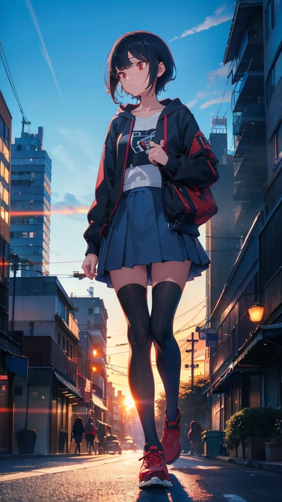 zettai ryouiki, Hoodie,short hair, Black hair, Flat chest, 1cat Red eyes,hair pin,Solo,full body, highres,blue sky,City,Looking up at the blue sky,Looking up at the sky,Sky,Back view,The person is half of the screen,There is no one,Landscape only,Walking down the street,Bright daylight, zettai ryouiki, Hoodie,short hair, Black hair, Flat chest, 1girl, Red eyes,s girl,hair pin,Solo, Morning,full body, highres,blue sky,City,Looking up at the shining sunset