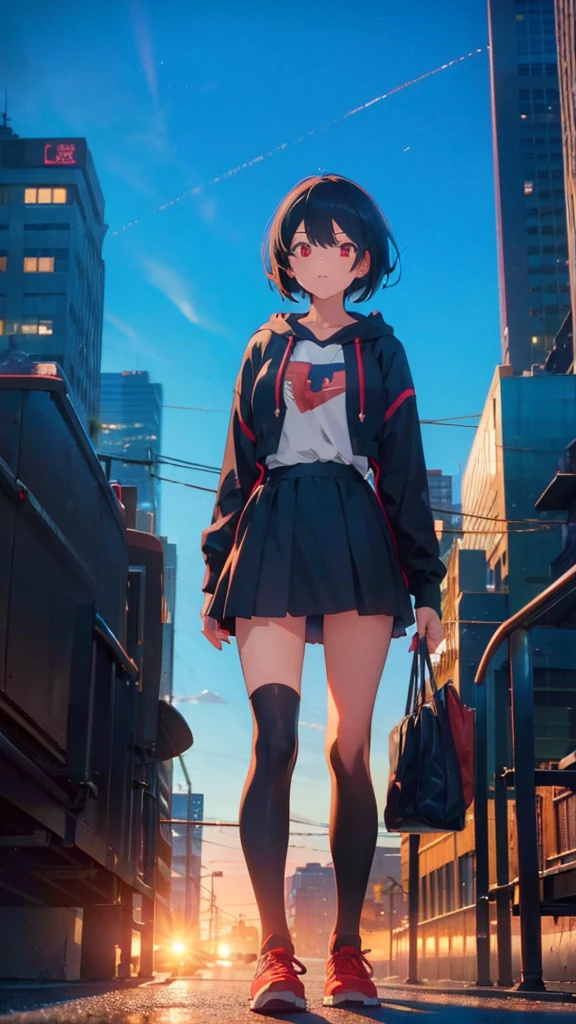 zettai ryouiki, Hoodie,short hair, Black hair, Flat chest, 1cat Red eyes,hair pin,Solo,full body, highres,blue sky,City,Looking up at the blue sky,Looking up at the sky,Sky,Back view,The person is half of the screen,There is no one,Landscape only,Walking down the street,Bright daylight, zettai ryouiki, Hoodie,short hair, Black hair, Flat chest, 1girl, Red eyes,teens girl,hair pin,Solo, Morning,full body, highres,blue sky,City,Looking up at the shining sunset