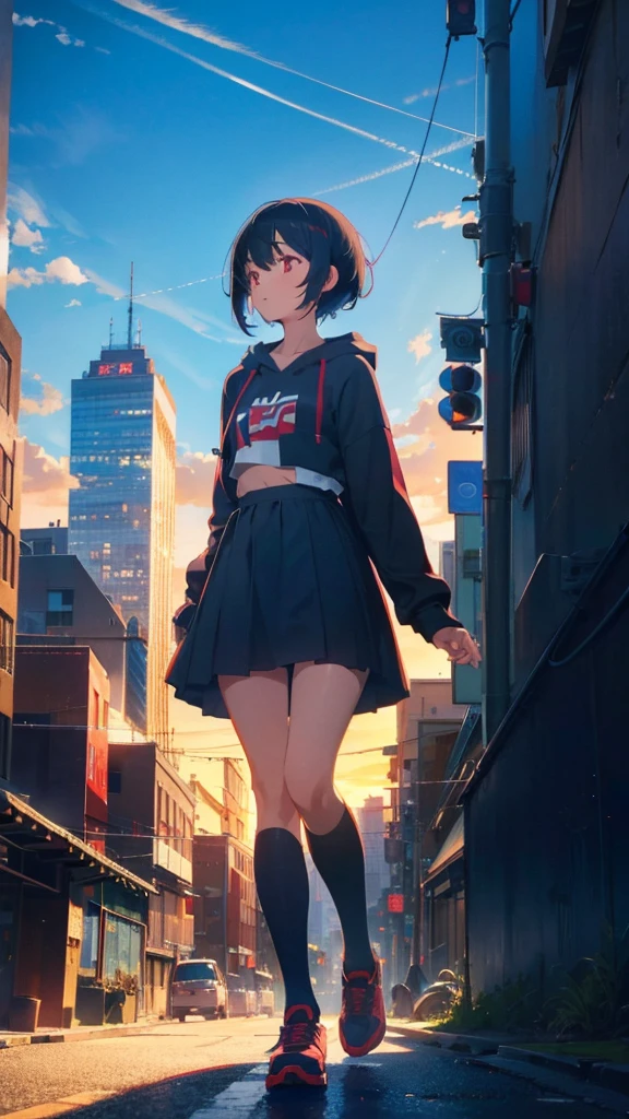 zettai ryouiki, Hoodie,short hair, Black hair, Flat chest, 1cat Red eyes,hair pin,Solo,full body, highres,blue sky,City,Looking up at the blue  sky,Looking up at the sky,Sky,Back view,The person is half of the screen,There is no one,Landscape only,Walking down the street,Bright daylight, zettai ryouiki, Hoodie,short hair, Black hair, Flat chest, 1girl, Red eyes,teens girl,hair pin,Solo, Morning,full body, highres,blue sky,City,Looking up at the shining sunset