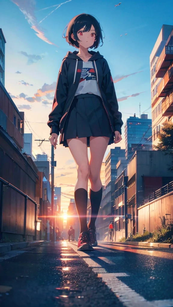 zettai ryouiki, Hoodie,short hair, Black hair, Flat chest, 1cat Red eyes,hair pin,Solo,full body, highres,blue sky,City,Looking up at the blue  sky,Looking up at the sky,Sky,Back view,The person is half of the screen,There is no one,Landscape only,Walking down the street,Bright daylight, zettai ryouiki, Hoodie,short hair, Black hair, Flat chest, 1girl, Red eyes,teens girl,hair pin,Solo, Morning,full body, highres,blue sky,City,Looking up at the shining sunset