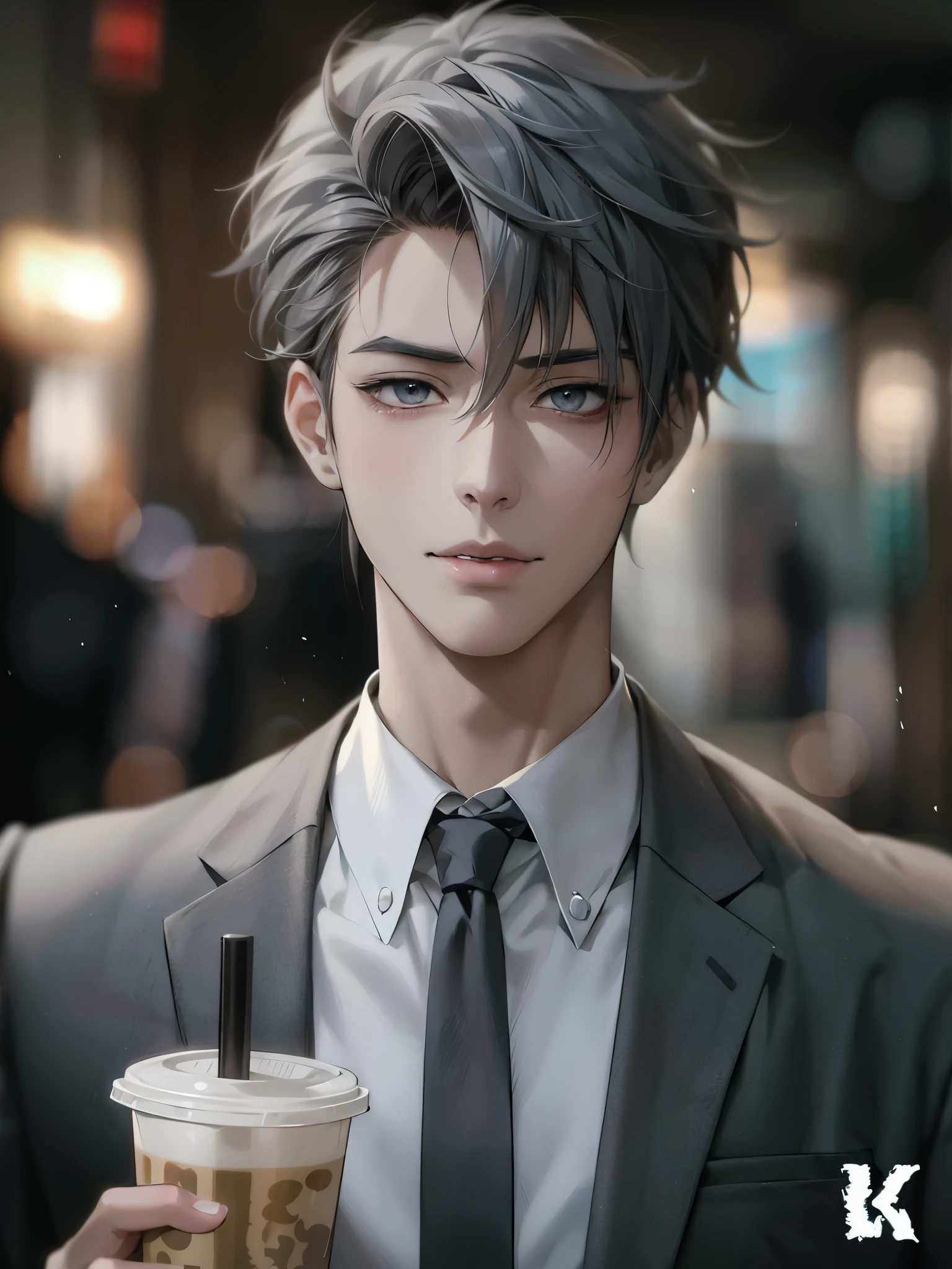 Anime Shōnen with gray hair and tie holding a drink, Smooth anime CG art, Realistic anime art style, Anime handsome guy, Realistic anime 3D style, Male Anime Style, Cai Xukun, Realistic style of anime, Handsome anime pose, Amazing Anime Face Portraits, Realistic anime art style, Gwaise style artwork, Detailed digital animation art, Anime Shōnen