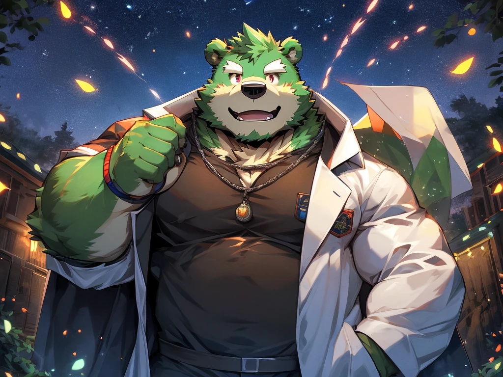 masterpiece, high quality, anime, detailed eyes, male jinpei, anthro, bear, Great physique, strong arms manly, in the Space, Walking in the city, Future city, Casual suit, (((green bear))), (((green fur))), green hair, beard, white eyebrows, bald, detailed red eyes, tall, (Rainbow Spark), Shimmering crystal flower, Joyful, (black t-shirt inside), (((white unhooded trench coat ))), by zixiong, by null-ghost, by pino daeni