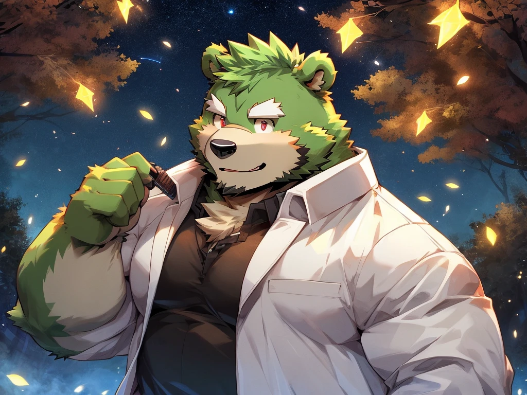 masterpiece, high quality, anime, detailed eyes, male jinpei, anthro, bear, Great physique, strong arms manly, Casual suit, (((green bear))), (((green fur))), green hair, beard, white eyebrows, bald, detailed red eyes, tall, Joyful, (black t-shirt inside), (((white unhooded trench coat ))), by zixiong, A person made of fireflies, surrounded by fireflies.