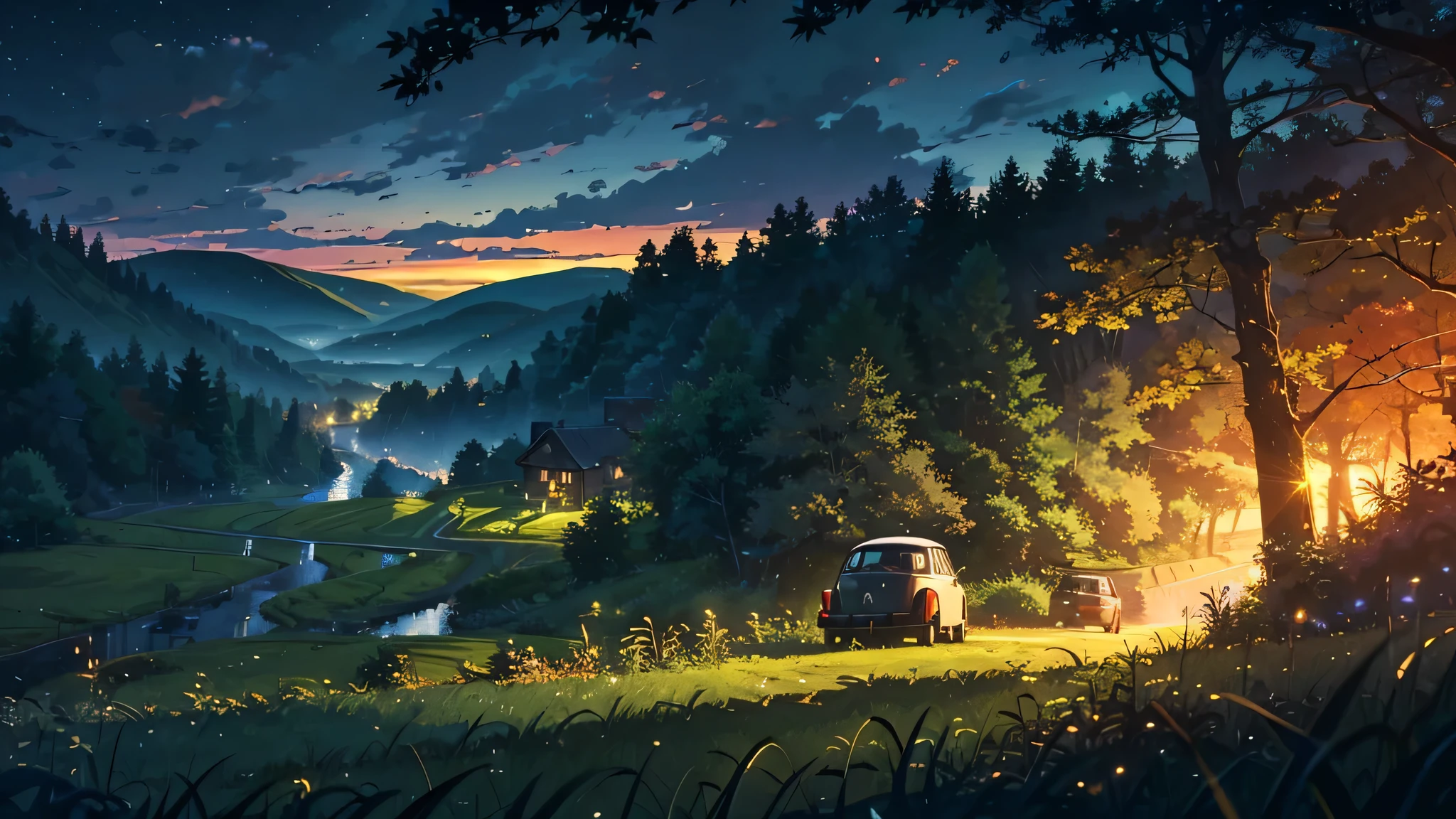 Anime Scenery PAUSE (masterpiece, highest quality:1.2), outside, nature, forest, loose, Grass, Long Grass, Fine Grass, plant, 8pm in the evening, cloud, Dark Sky, Maple Tree, A VW Beetle emerges from a winding village road , Farm Scenery, valley, Glowing car headlights, The car goes uphill, motorcycle, after sunset
