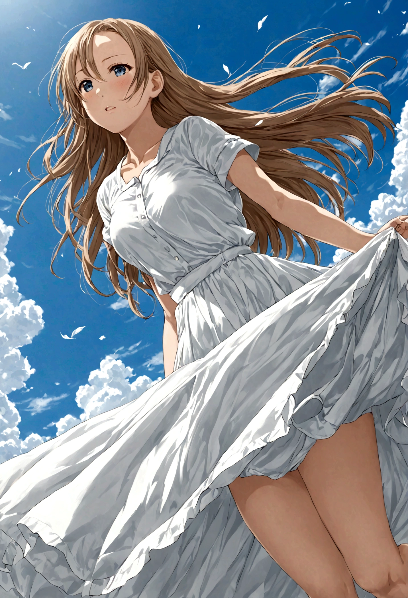 Yuuki Asuna low angle、Long skirt、Hold down your skirt that is being blown up by the strong wind、The strong wind is showing her white cotton panties