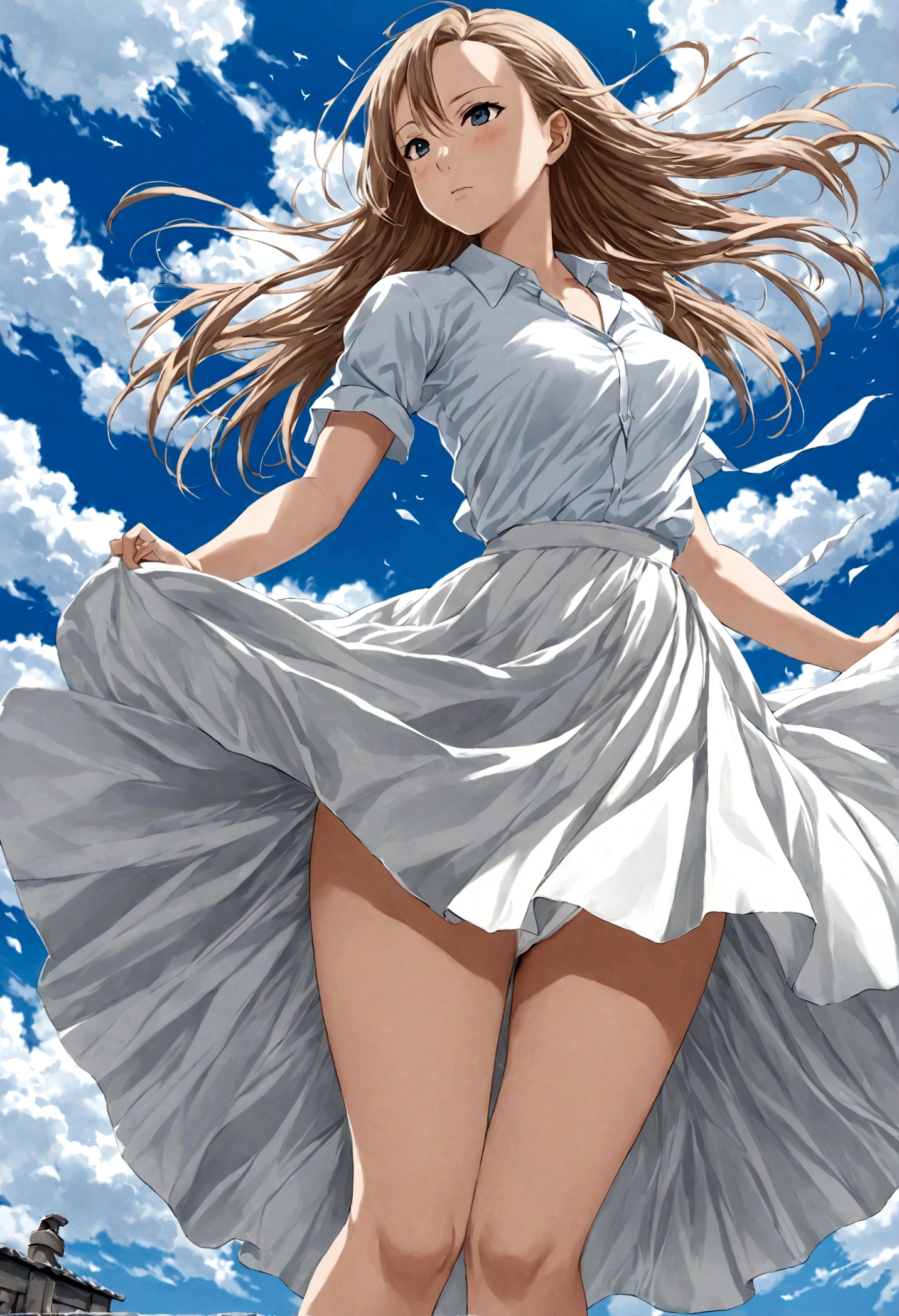 Yuuki Asuna low angle、Long skirt、Hold down your skirt that is being blown up by the strong wind、The strong wind is showing her white cotton panties