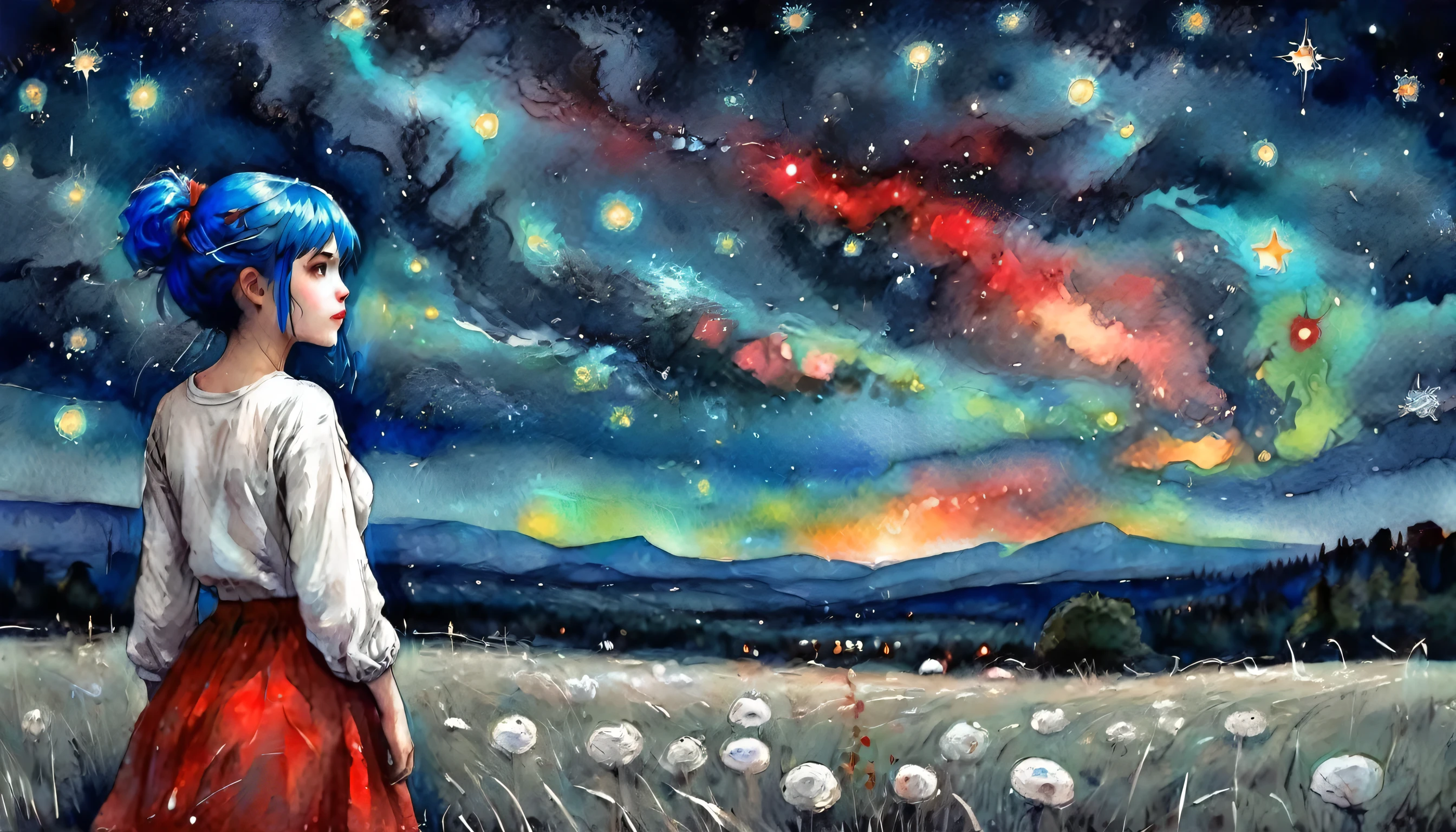 a girl, blue hair, wearing a light white outfit and a red skirt, positioned in an open field, night, detailed starry sky, wonderful art, vibrant colors, watercolor