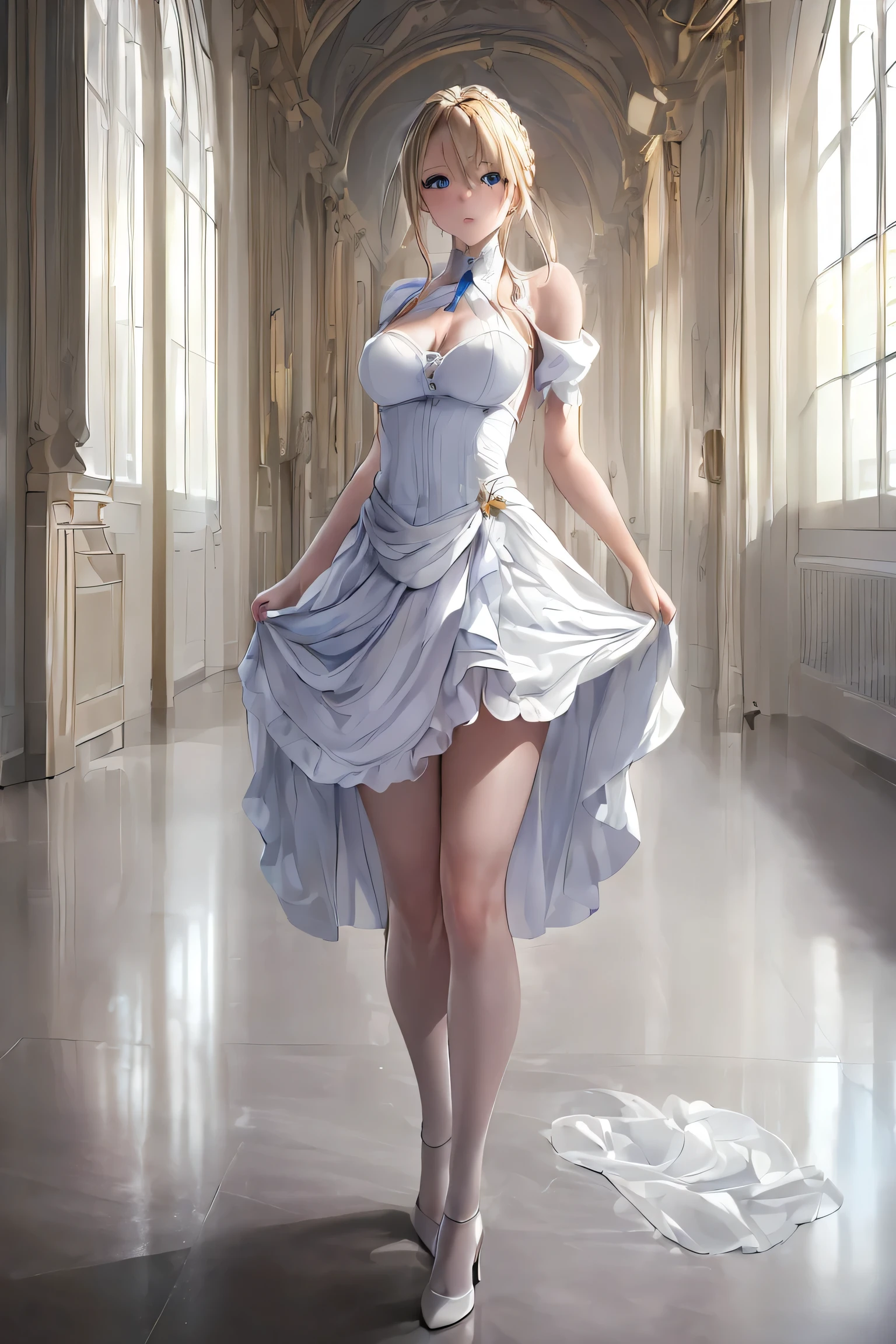 ((((masterpiece, best quality, Ultra-high resolution)))), 1girl,（（Exquisite eyes）），blue eyes,blonde hair,braid,white wedding dress,white stockings,high_heels,(shy),(posing:1.1),(arm_around_waist),panorama,full_shot,wide_shot,(((absurdres))),in the corridor,purple lights,reflective.,