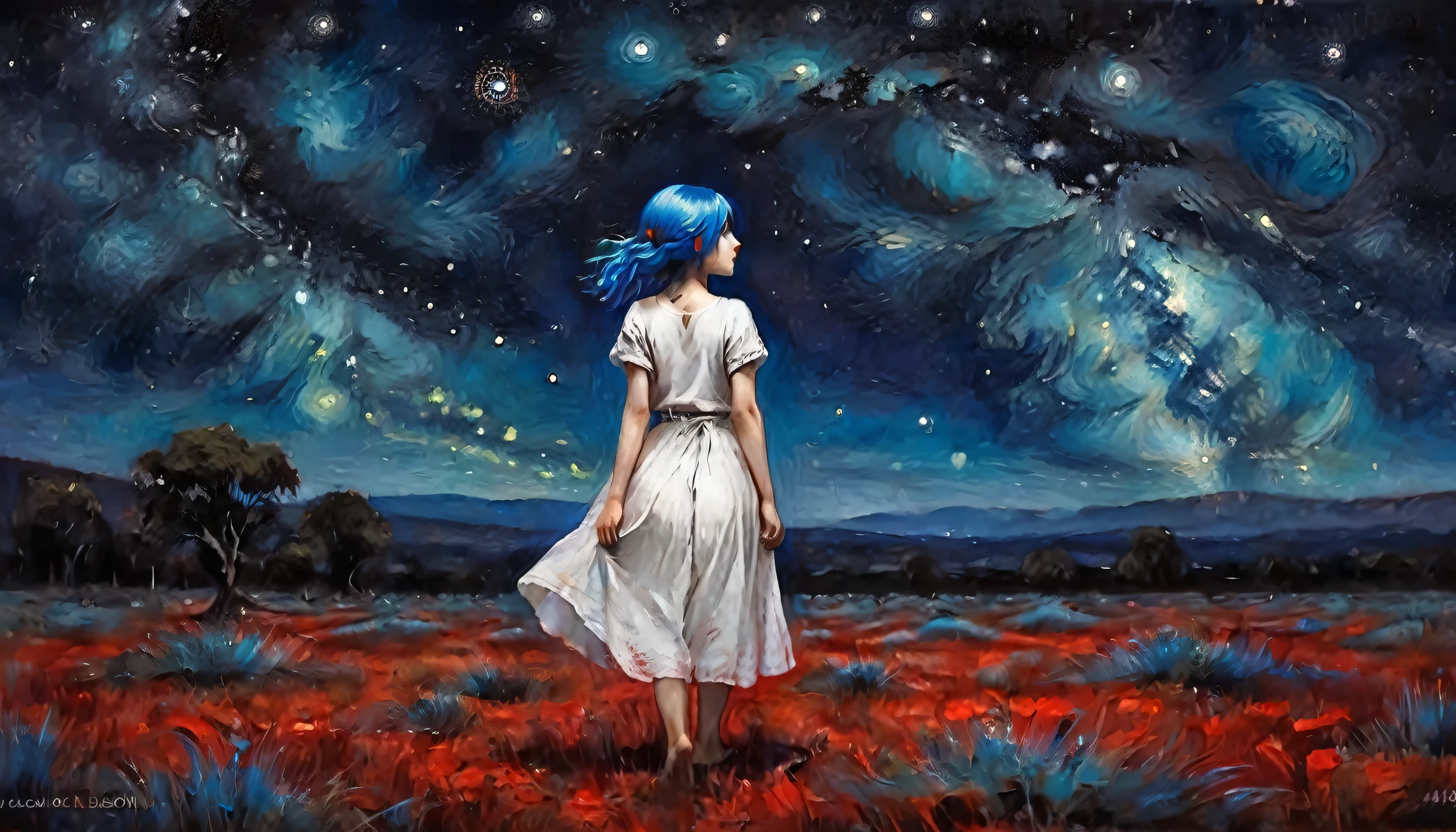 a girl, blue hair, wearing a light white outfit and a red skirt, positioned in an open field, night, detailed starry sky, wonderful art, vibrant colors, oil painting