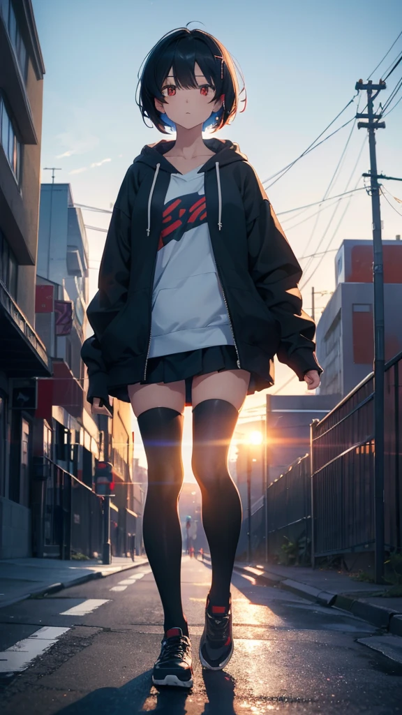 zettai ryouiki, Hoodie,short hair, Black hair, Flat chest, 1cat Red eyes,hair pin,Solo,full body, highres,blue sky,City,Looking up at the blue  sky,Looking up at the sky,Sky,Back view,The person is half of the screen,There is no one,Landscape only,Walking down the street,Bright daylight, zettai ryouiki, Hoodie,short hair, Black hair, Flat chest, 1girl, Red eyes,teens girl,hair pin,Solo, Morning,full body, highres,blue sky,City,Looking up at the shining sunset,Girl and her father&#39;s back