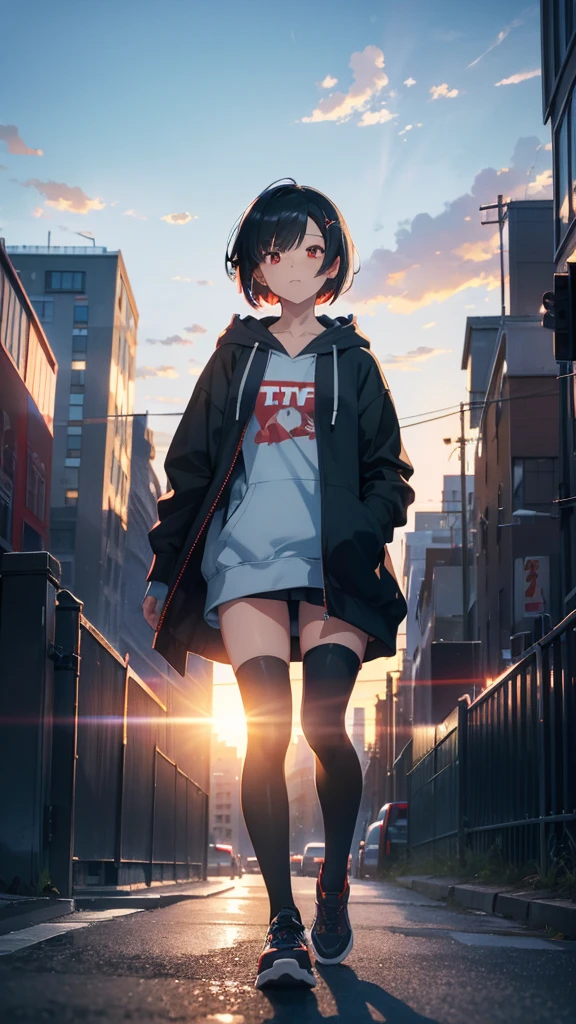 zettai ryouiki, Hoodie,short hair, Black hair, Flat chest, 1cat Red eyes,hair pin,Solo,full body, highres,blue sky,City,Looking up at the blue sky,Looking up at the sky,Sky,Back view,The person is half of the screen,There is no one,Landscape only,Walking down the street,Bright daylight, zettai ryouiki, Hoodie,short hair, Black hair, Flat chest, 1girl, Red eyes,teens girl,hair pin,Solo, Morning,full body, highres,blue sky,City,Looking up at the shining sunset,Girl and her father's back