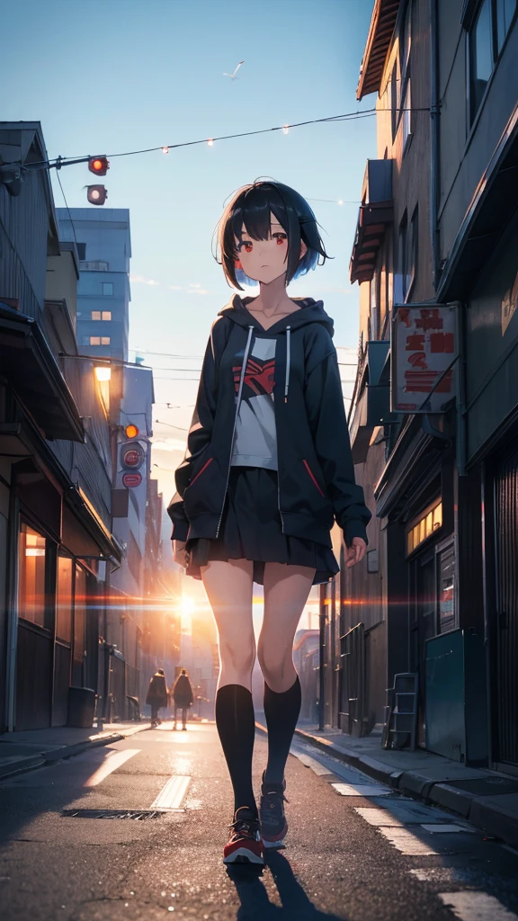zettai ryouiki, Hoodie,short hair, Black hair, Flat chest, 1cat Red eyes,hair pin,Solo,full body, highres,blue sky,City,Looking up at the blue sky,Looking up at the sky,Sky,Back view,The person is half of the screen,There is no one,Landscape only,Walking down the street,Bright daylight, zettai ryouiki, Hoodie,short hair, Black hair, Flat chest, 1girl, Red eyes,s girl,hair pin,Solo, Morning,full body, highres,blue sky,City,Looking up at the shining sunset,Girl and her father's back