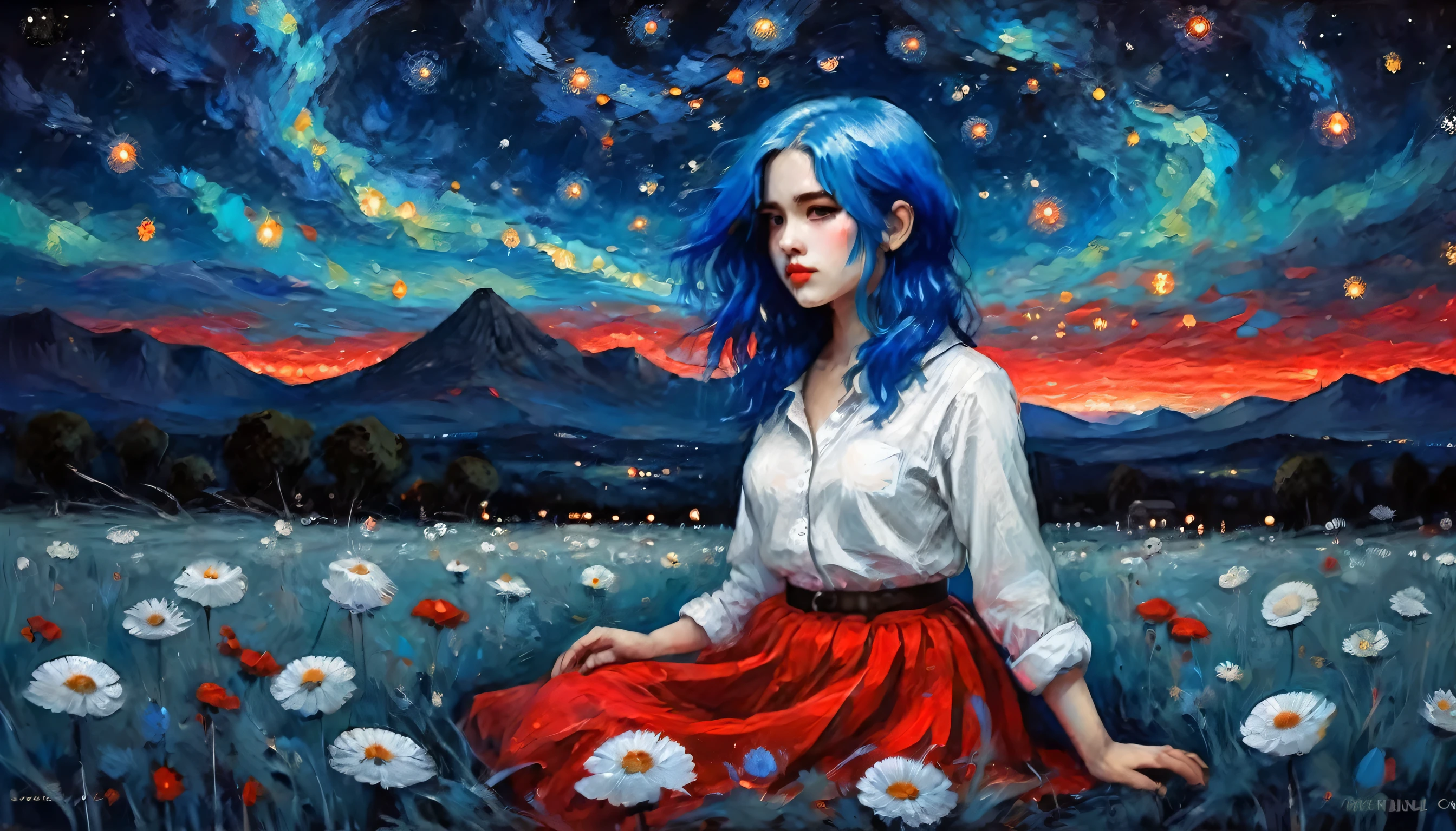 a beautiful girl, blue hair, wearing a light white outfit and a red skirt, positioned in an open field, night, detailed starry sky, wonderful art, vibrant colors, oil painting