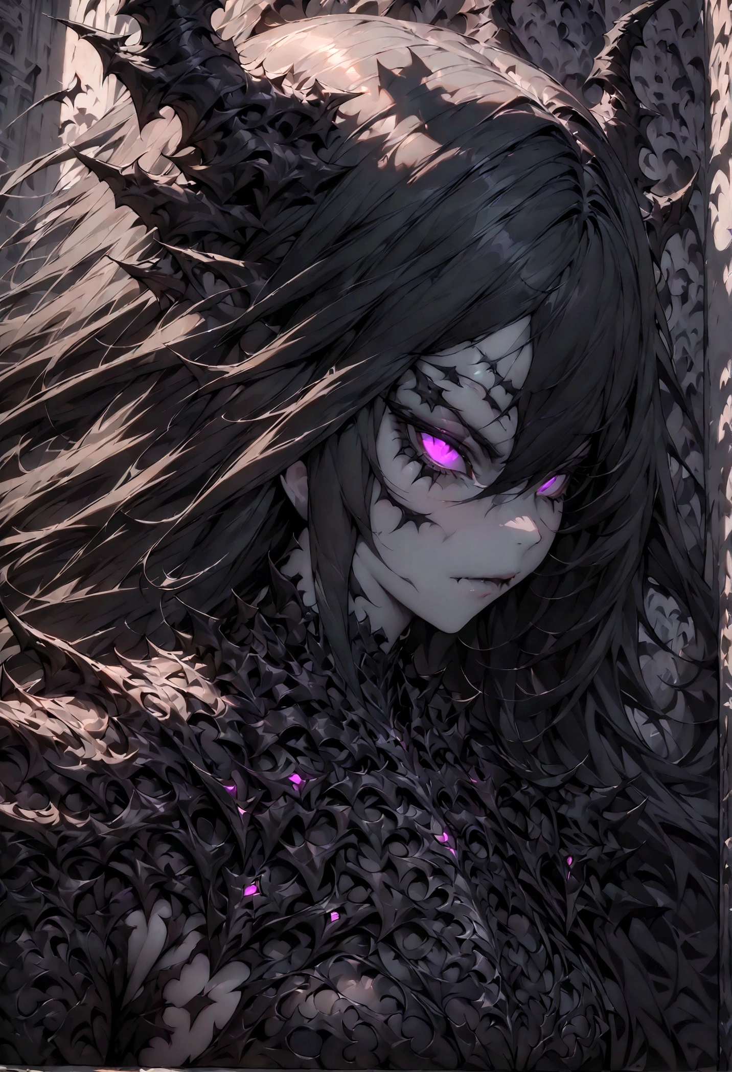 demon girl, close up, black heavy detailed clothes, art, dark and malevolent,armor, powerful and intimidating, (masterpiece, best quality, ultra-detailed, best shadow), (detailed background, dark fantasy) dramatic light, intricate details, dark and malevolent, powerful and intimidating, Dark and foreboding, malevolent force, sinister and chilling, armor, high detailed background, girl in demon slayer art, demon slayer art style, epic anime art, God pretty girl of death