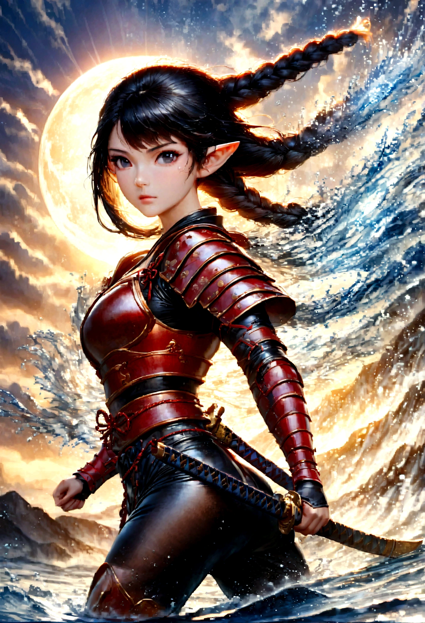 ((water color art: 1.5)), fantasy art, RPG art, dark fantasy art, a female elf samurai, ready to battle, she wears traditional samurai armor, armed with a katana, she stands on top of the mountain at dawn, exquisite beautiful female elf, long hair, black hair, straight hair, braided hair, black eyes, intense eyes, small pointed ears, fantasy mountain top at dawn background, moon, stars, clouds, god rays, soft natural light silhouette, dynamic angle, photorealism, panoramic view, ultra best realistic, best details, 16k, [ultra detailed], masterpiece, best quality, (extremely detailed), photorealism, depth of field,
