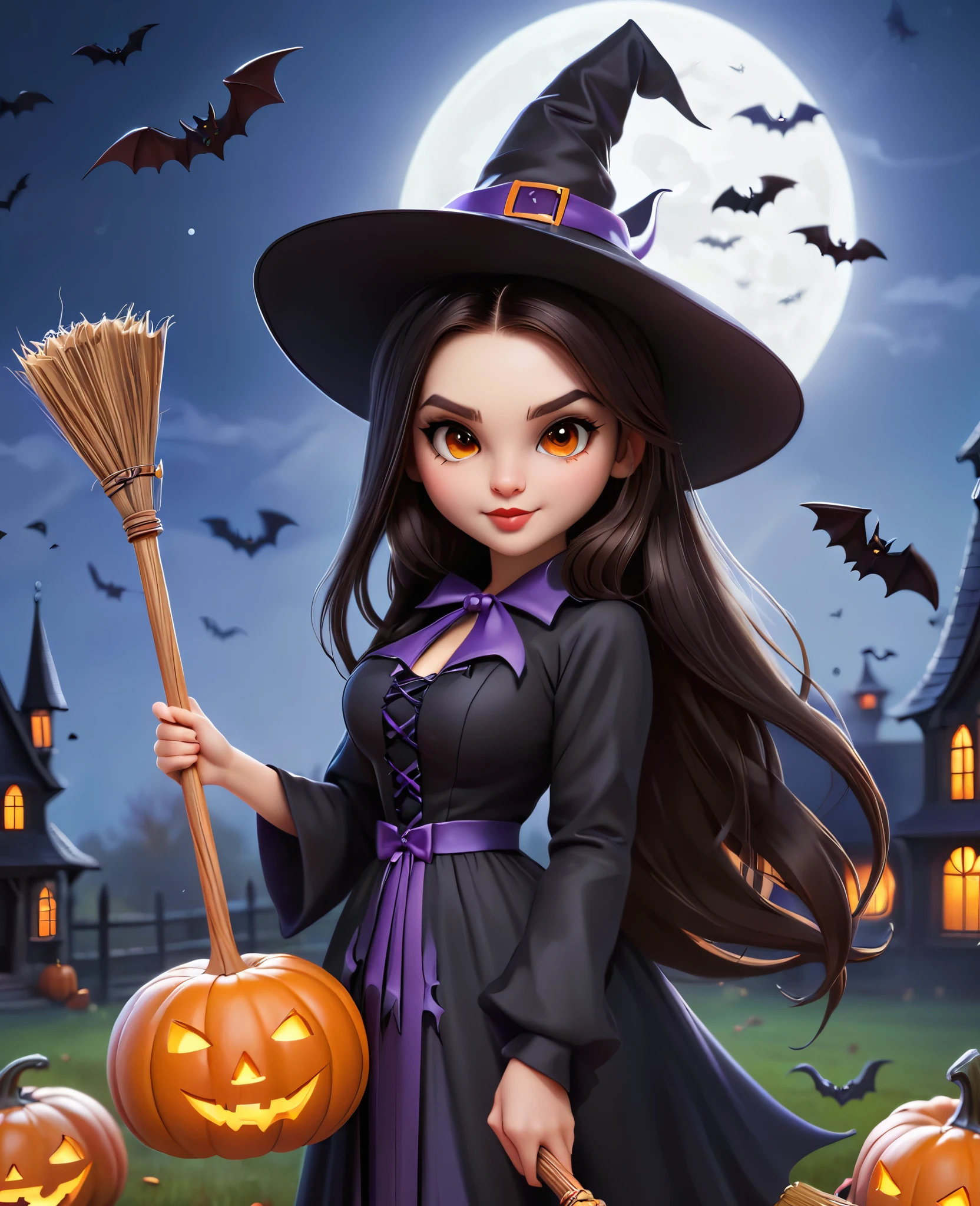 Translate text with the camera
(best quality)), ((masterpiece)), (detailed), 1 girl, light brunette, brown eyes, long black hair, small nose, thick lips, dressed as a witch, holding a broom, in a halloween world , with pumpkin and bats, ((with the name of Denis))