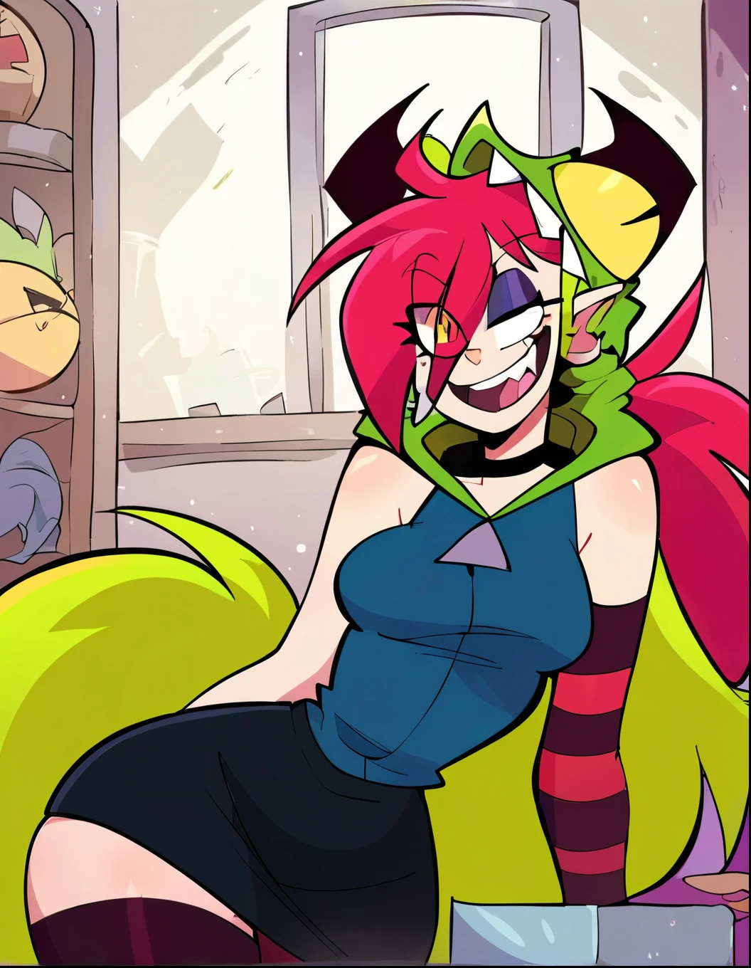 score_8, score_7_up, score_6_up, score_5_up, source_cartoon, 1girl, demencia, indoors, bedroom, red hair, green ponytail, yellow eyes, wide hips, narrow waist, torn pantyhose, dark blue hoodie, sleeveless, green monster hood, black skirt, single striped sleeve, blue sneaker, red sneaker 