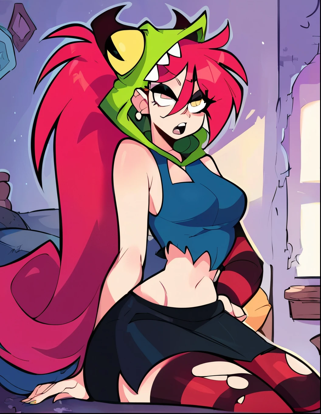 score_8, score_7_up, score_6_up, score_5_up, source_cartoon, 1girl, demencia, indoors, bedroom, red hair, green ponytail, yellow eyes, wide hips, narrow waist, torn pantyhose, dark blue hoodie, sleeveless, green monster hood, black skirt, single striped sleeve, blue sneaker, red sneaker 