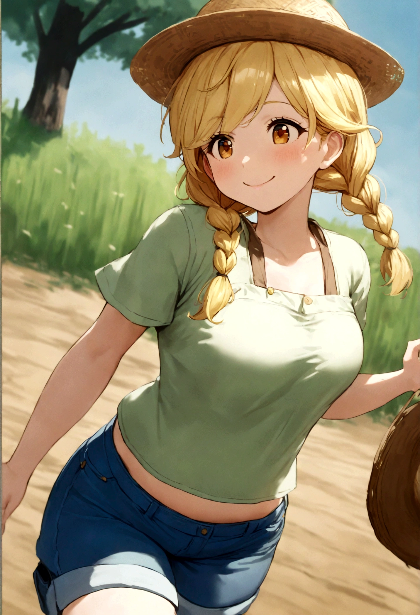 woman, sexy, large breast,farmer clothes, straw hat, cotton shirt, short jeans, double braid hair, blonde hair, smiling, exposed waist, white top, slender,