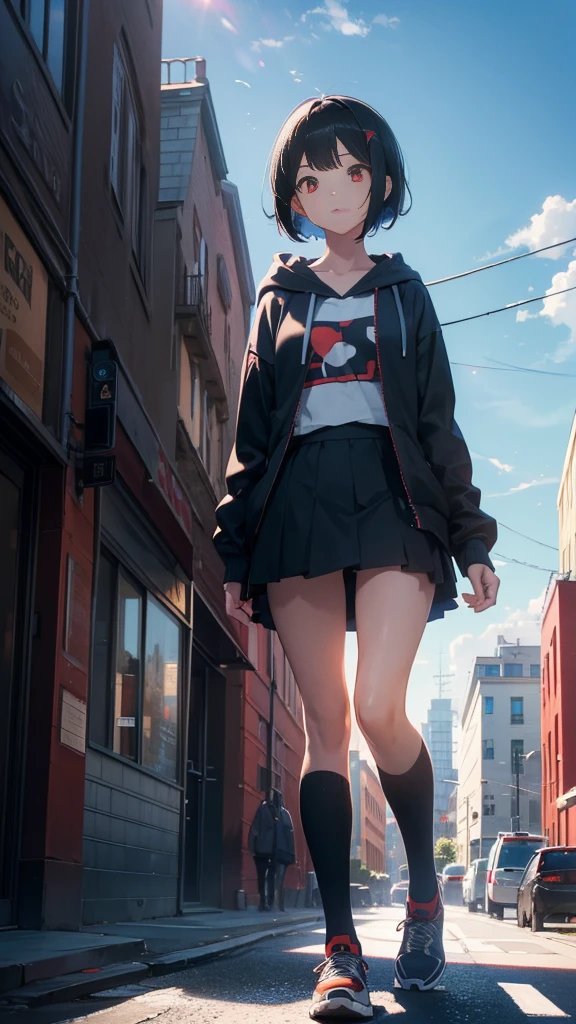zettai ryouiki, Hoodie,short hair, Black hair, Flat chest, 1cat Red eyes,hair pin,Solo,full body, highres,blue sky,City,Looking up at the blue sky,Looking up at the sky,Sky,Back view,The person is half of the screen,There is no one,Landscape only,Walking down the street,Bright daylight, zettai ryouiki, Hoodie,short hair, Black hair, Flat chest, 1girl, Red eyes,teens girl,hair pin,Solo, Morning,full body, highres,blue sky,City,Looking up at the shining sunset,Girl and her father's back